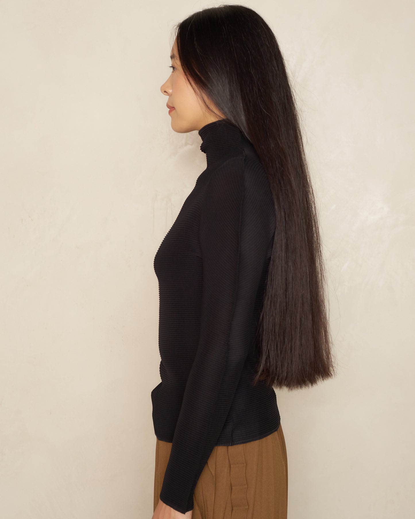 Black Micropleat High Neck Long Sleeve Top