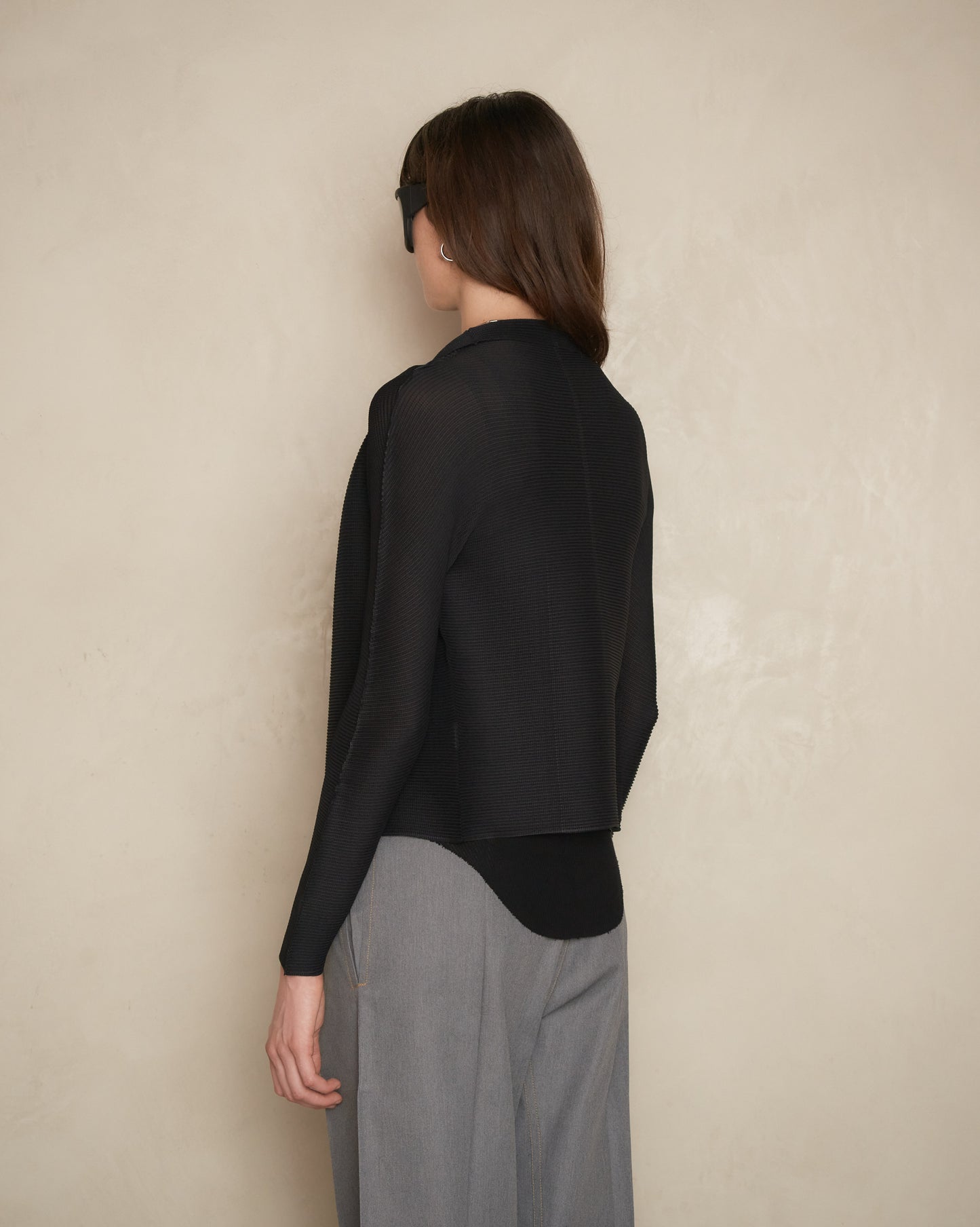 Black Micropleat Long Sleeve Cardigan