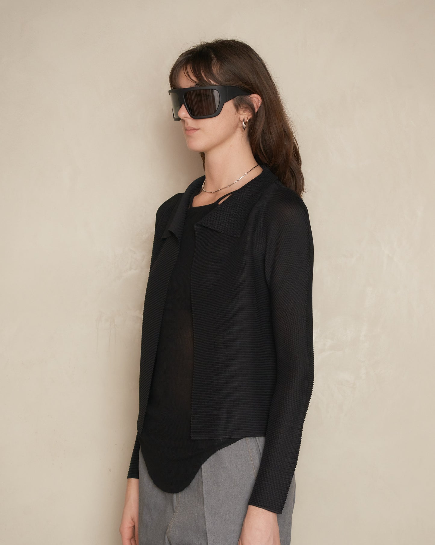 Black Micropleat Long Sleeve Cardigan