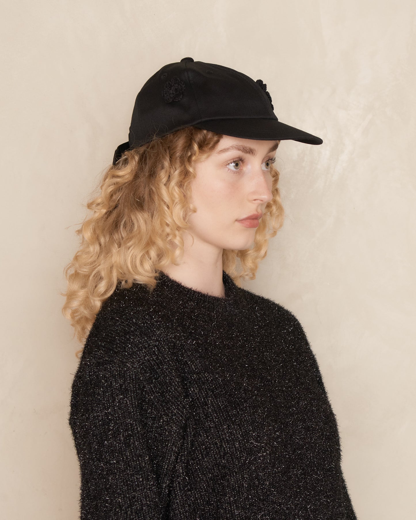 Black Wool Daisy Cap