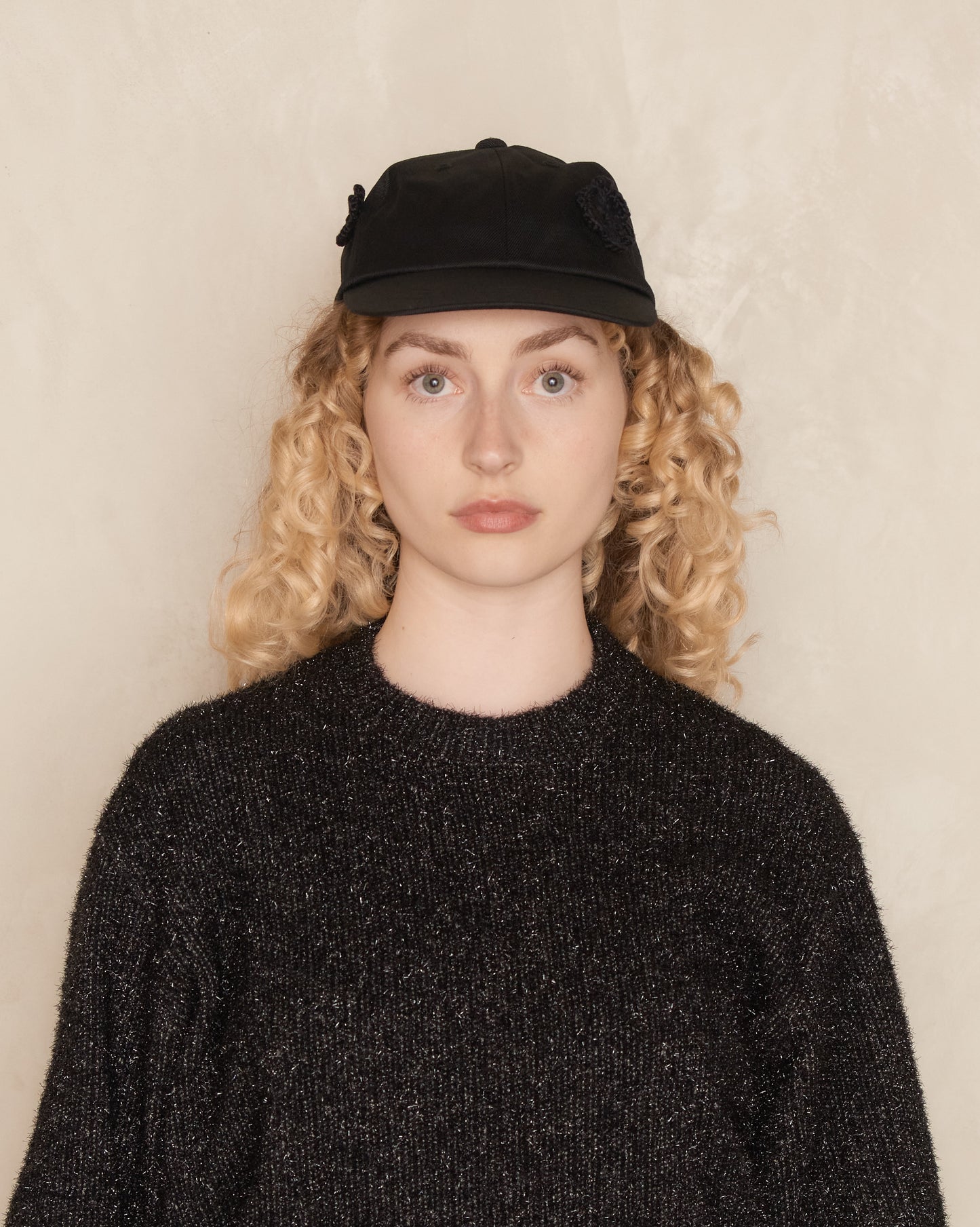 Black Wool Daisy Cap