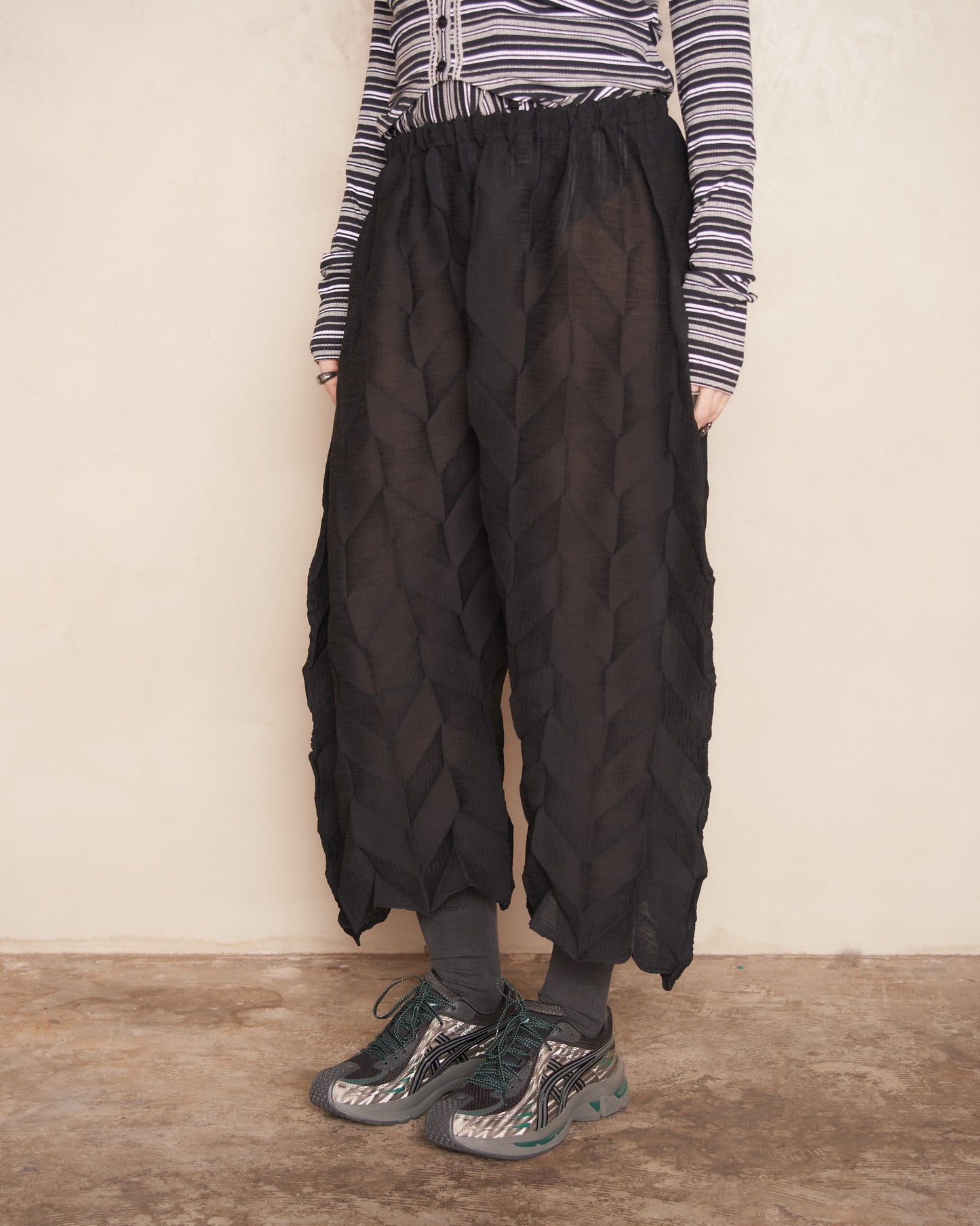 Black Sheer Zig Zag Pleat Pants