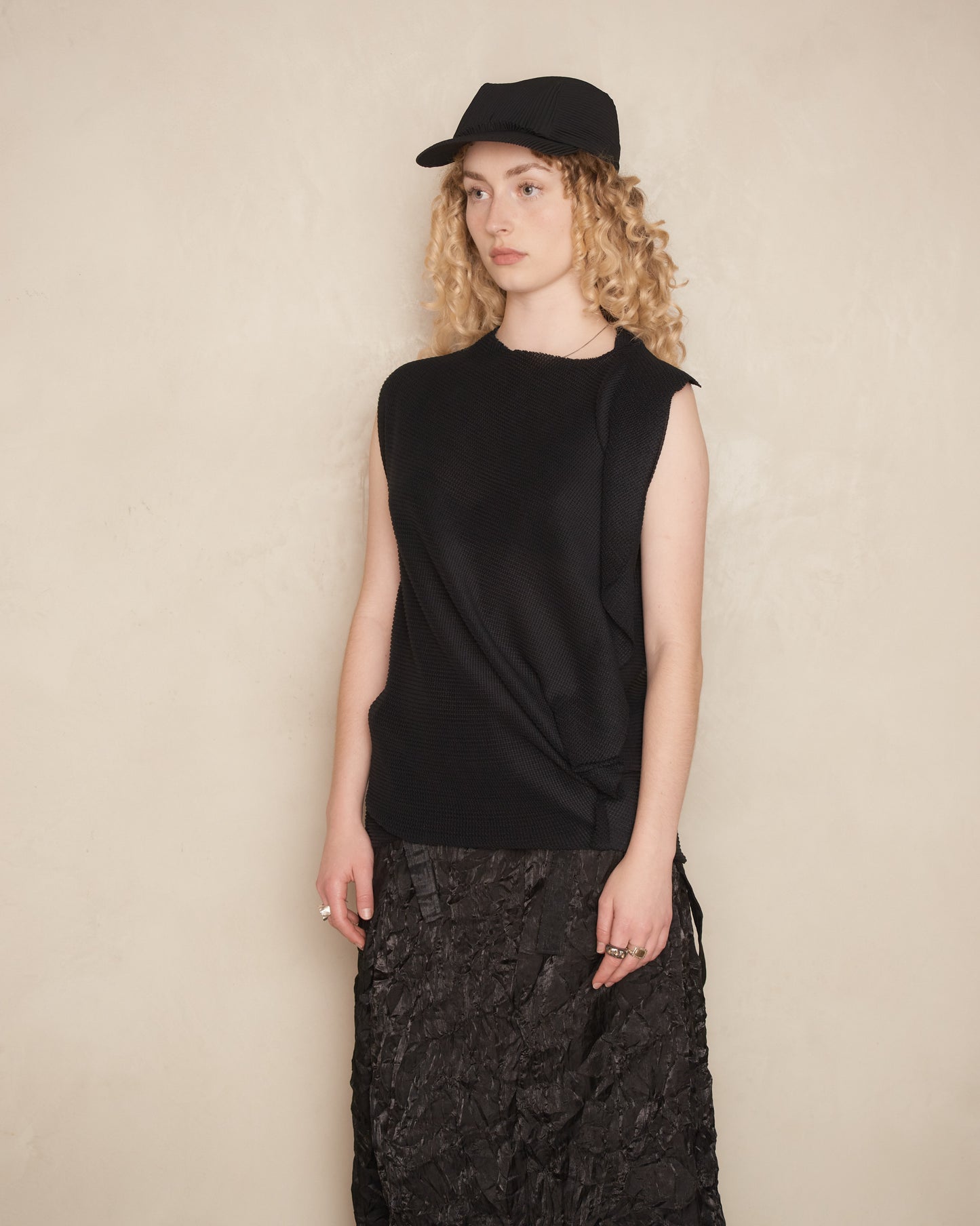 Black Sleeveless Drape Pleat Top