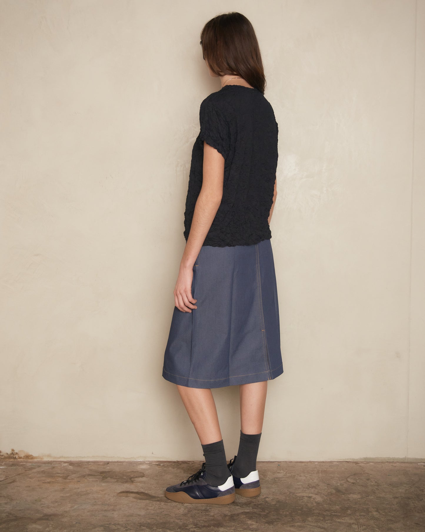 Blue Denim Belted Pleat Skirt