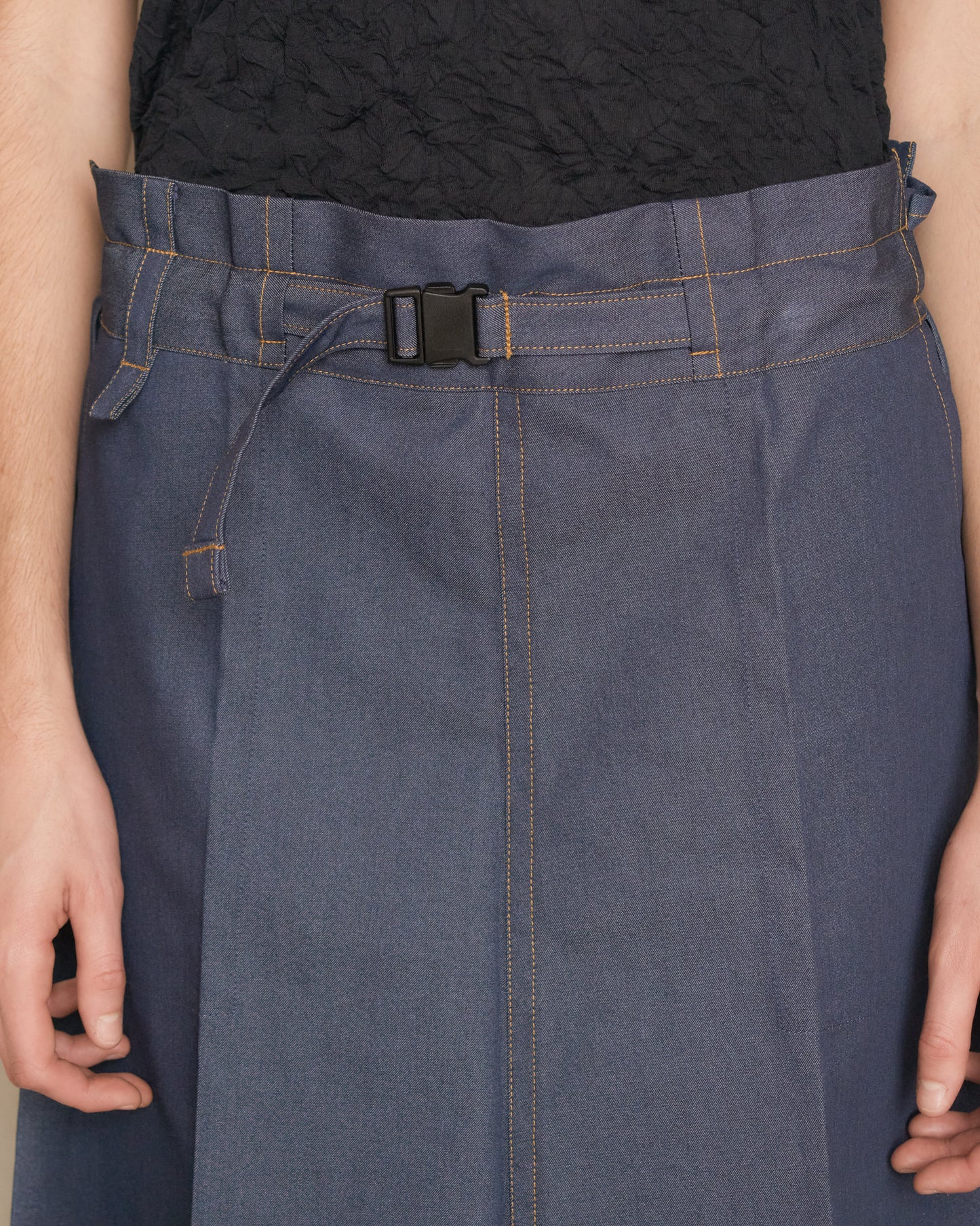 Blue Denim Belted Pleat Skirt