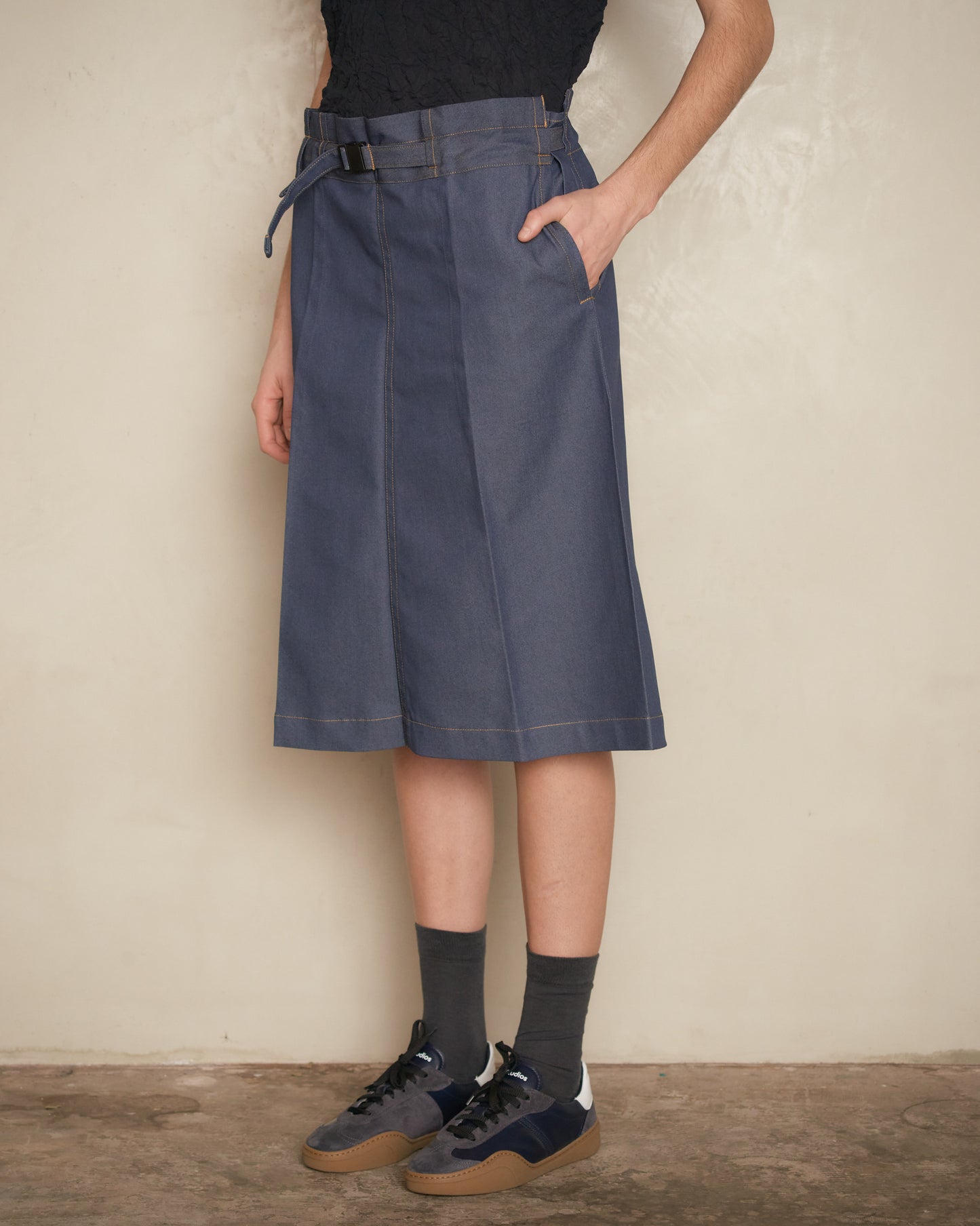 Blue Denim Belted Pleat Skirt