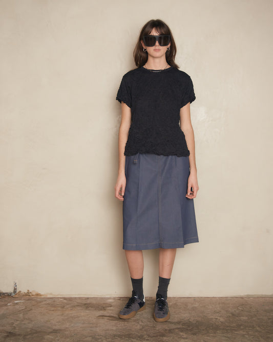 Blue Denim Belted Pleat Skirt