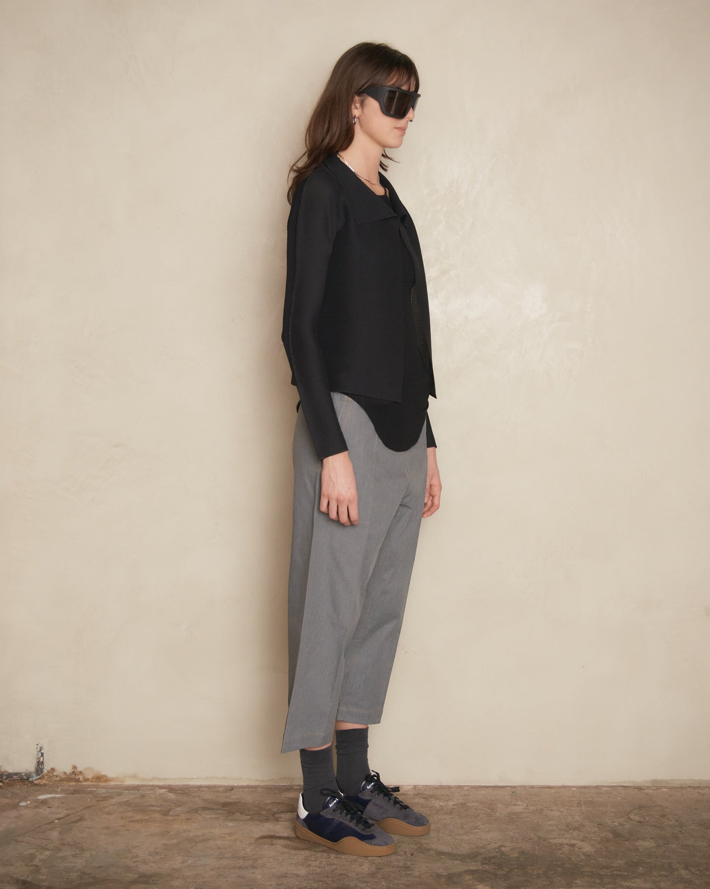 Grey Denim Belted Pleat Pants