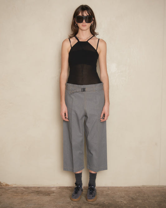 Grey Denim Belted Pleat Pants