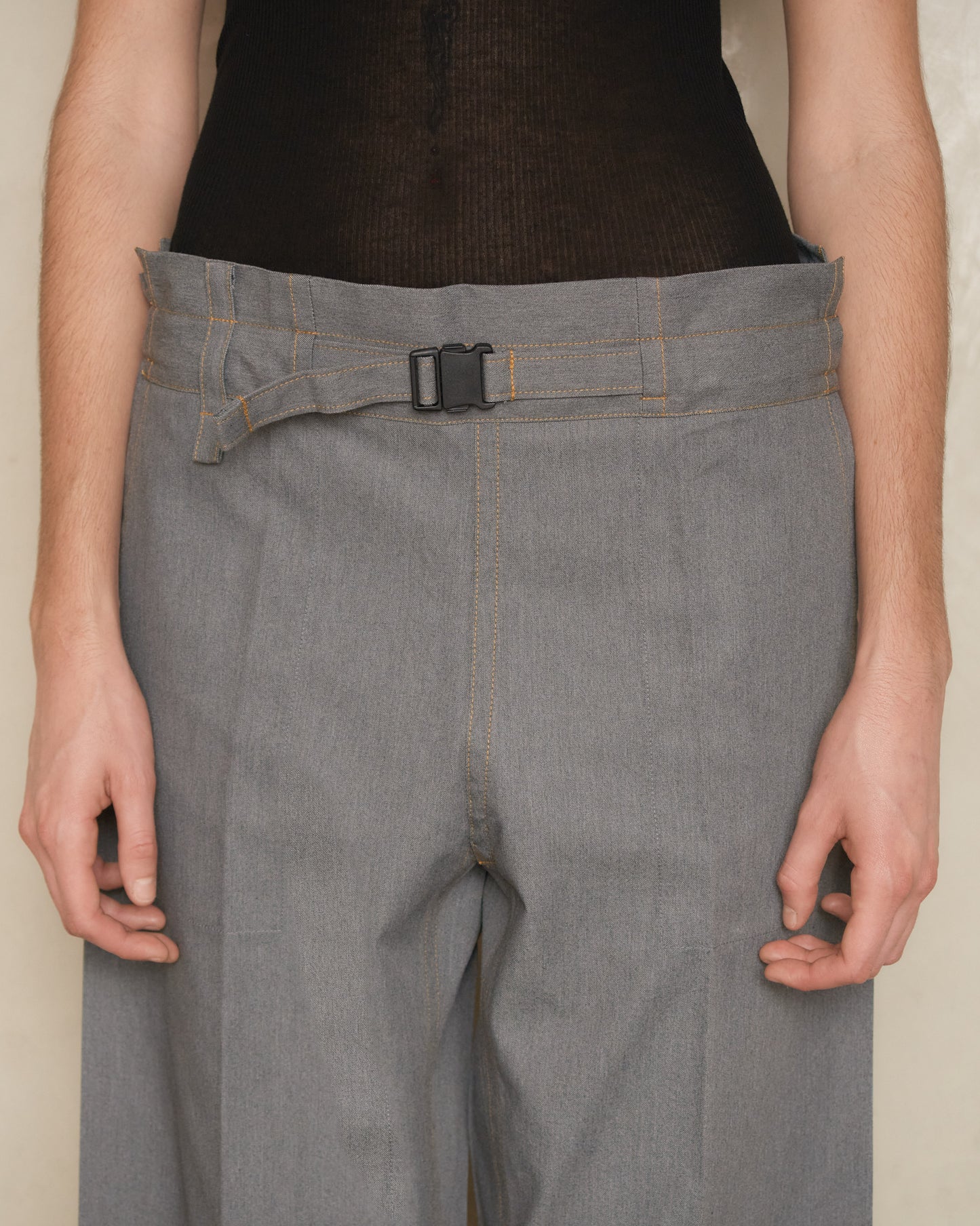 Grey Denim Belted Pleat Pants