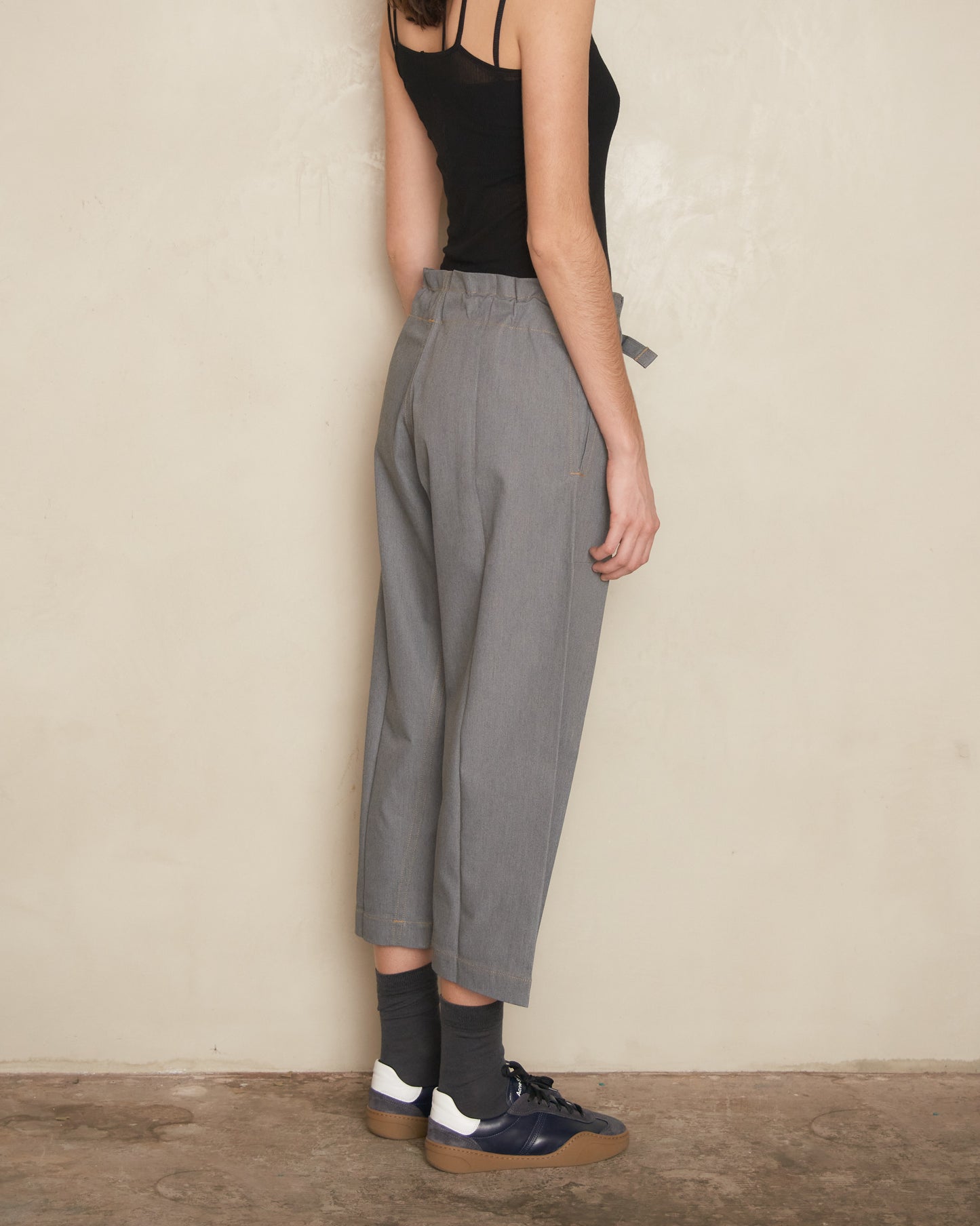 Grey Denim Belted Pleat Pants