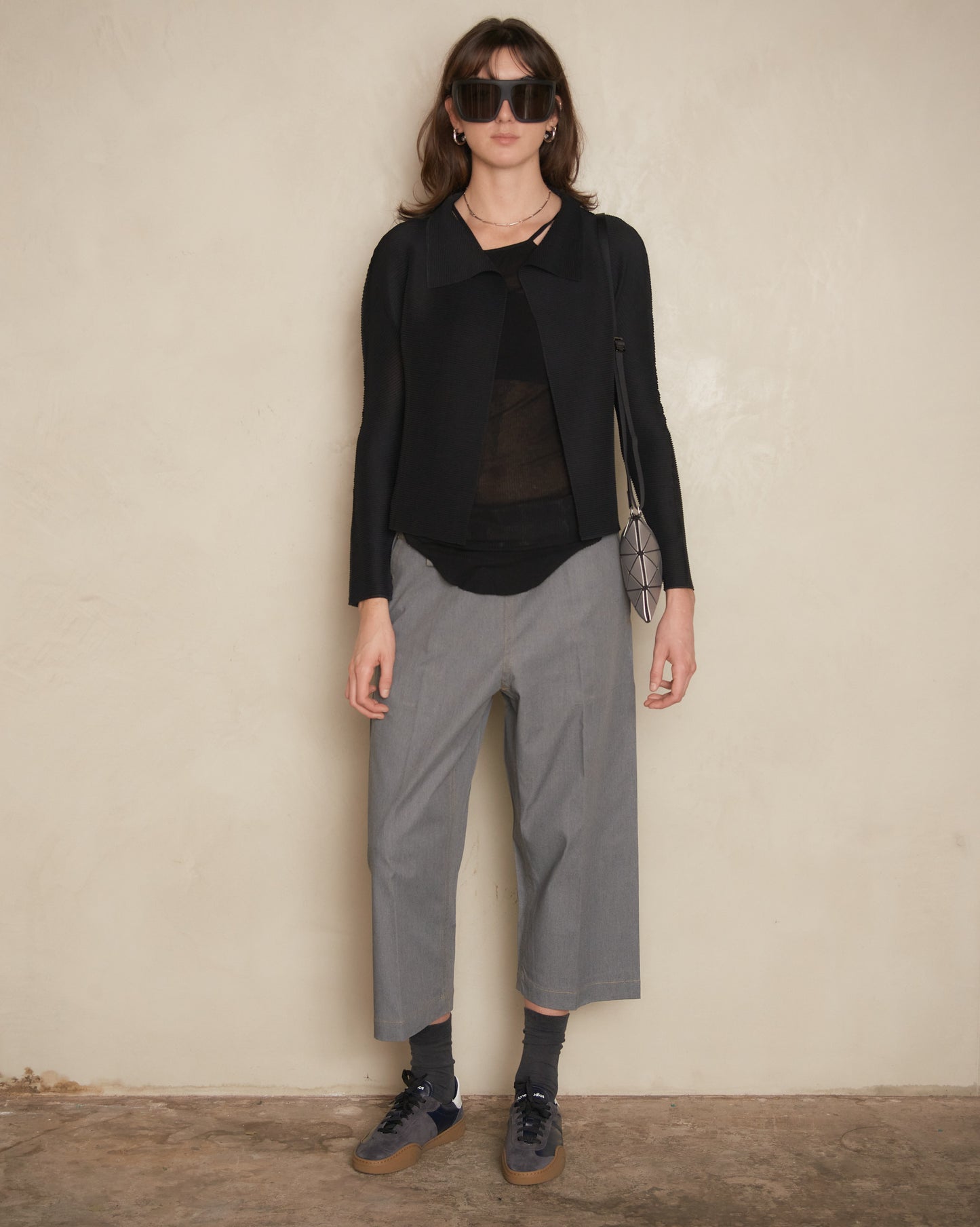 Grey Denim Belted Pleat Pants