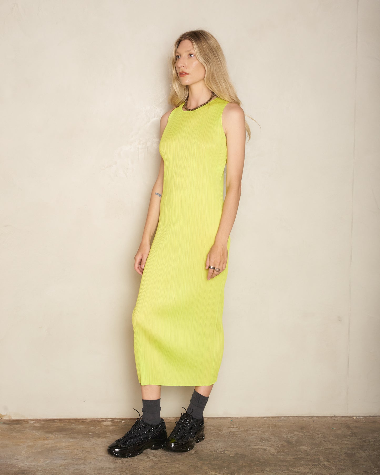 Basic Yellow Green Pleated Tank Dress