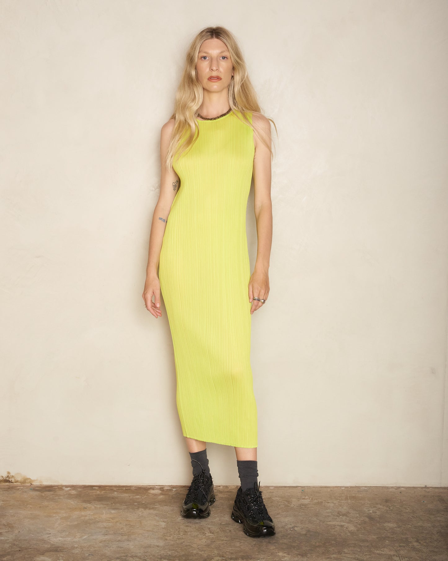 Basic Yellow Green Pleated Tank Dress