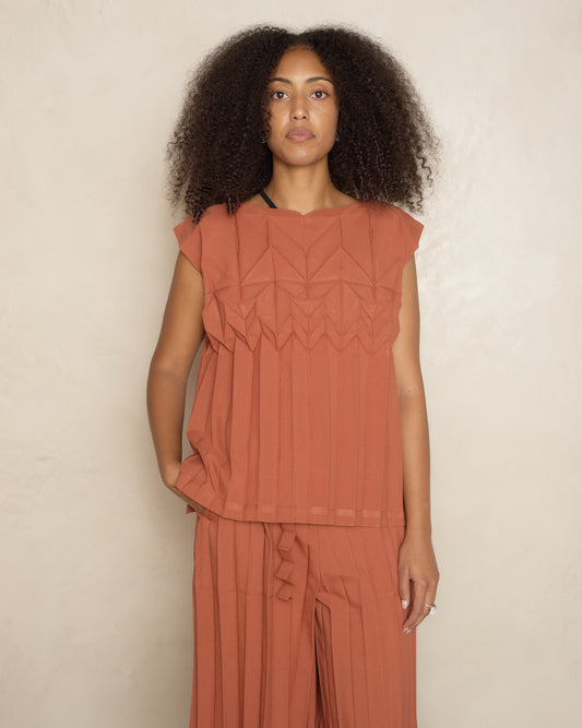 Terracotta Sleeveless Cube Pleat Top