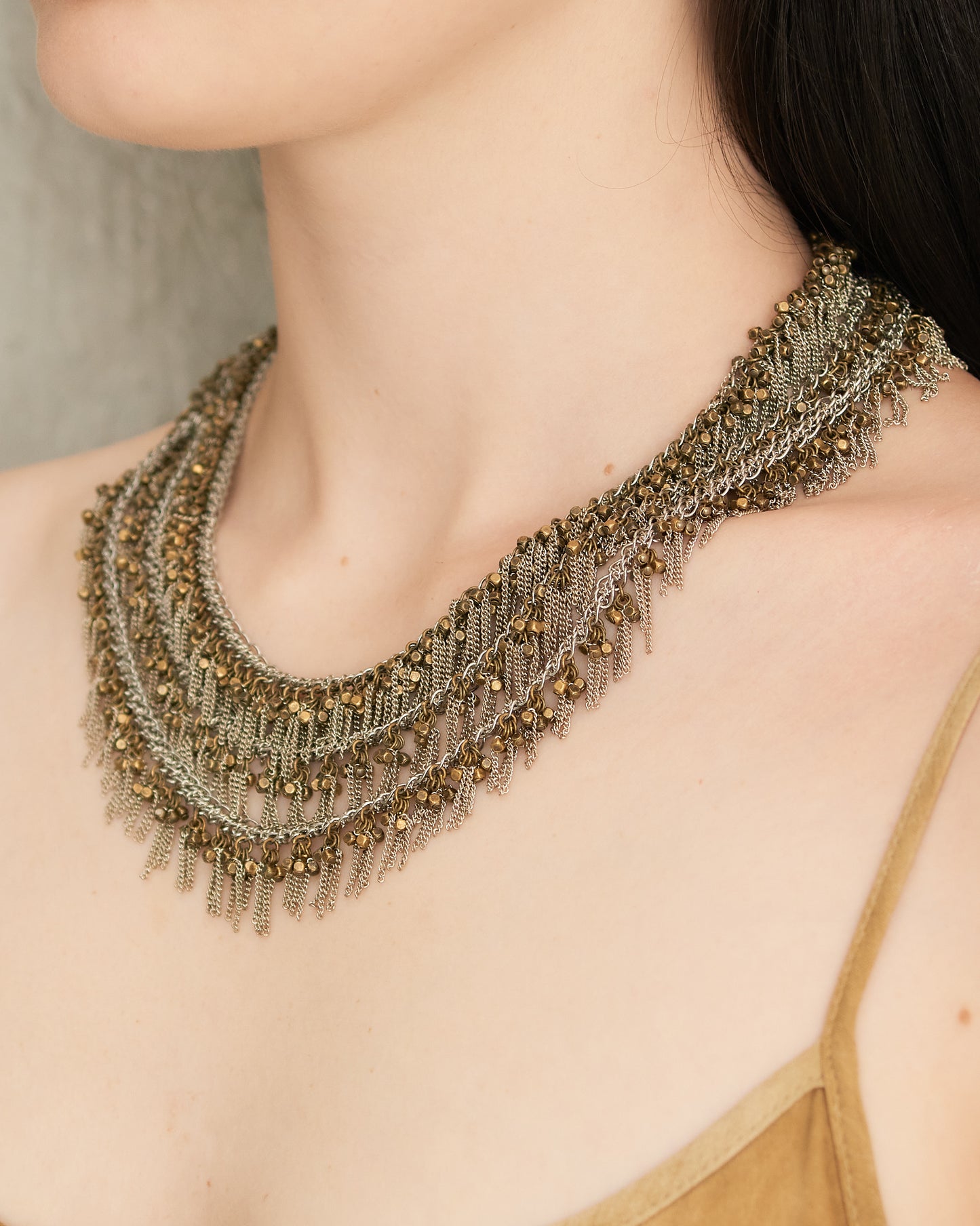 Bronze Bead Triple Frayed Necklace