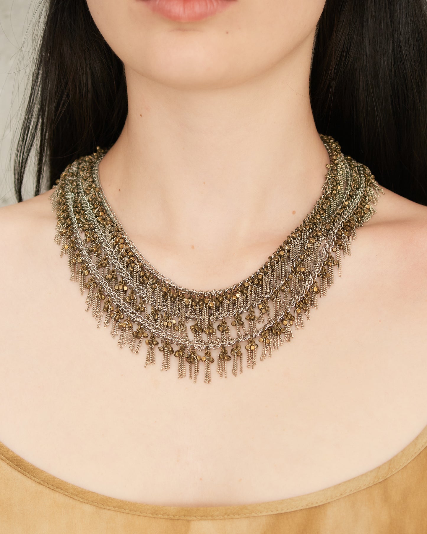 Bronze Bead Triple Frayed Necklace