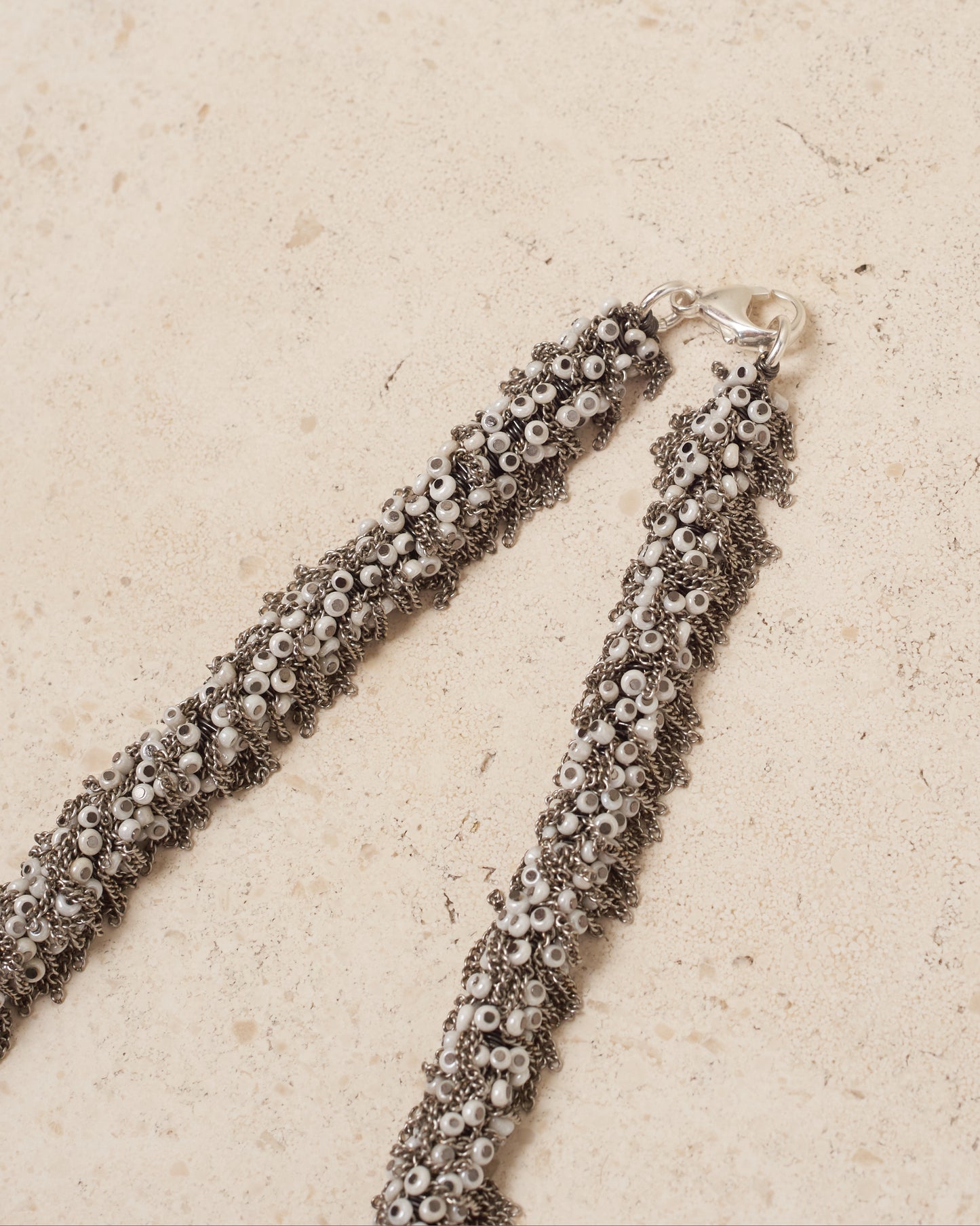 White Glass Bead Frayed Chain Necklace