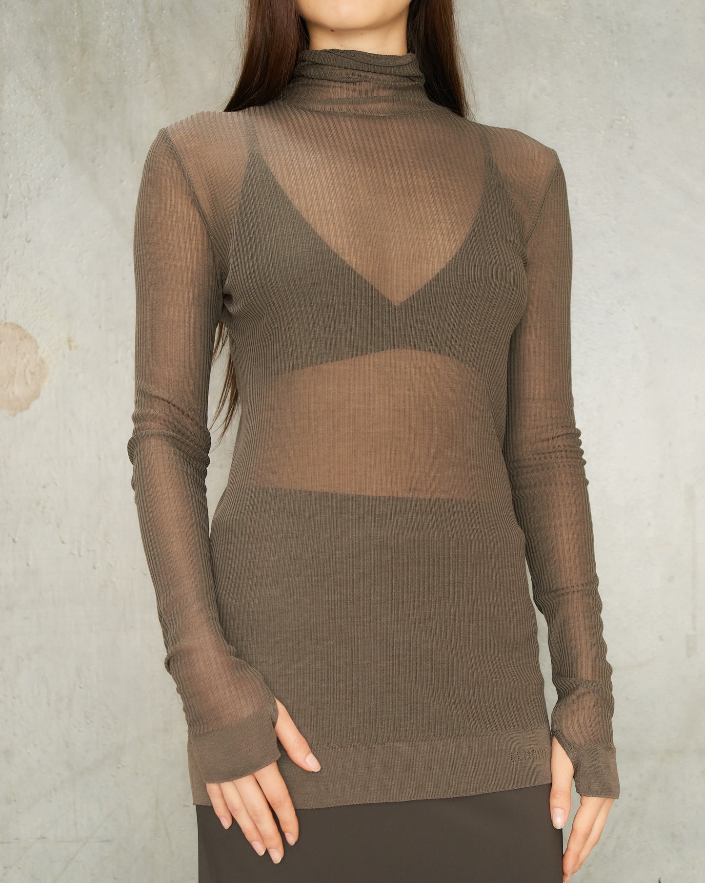 Dark Brown Seamless Knit High Neck Top