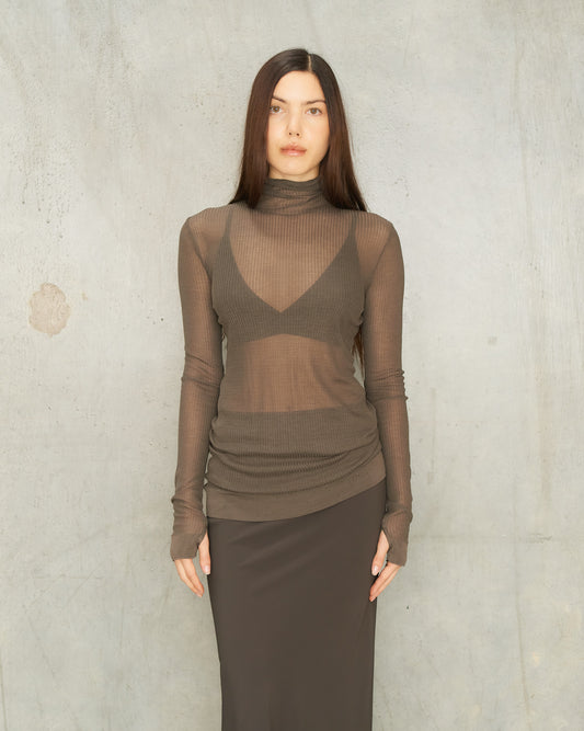 Dark Brown Seamless Knit High Neck Top