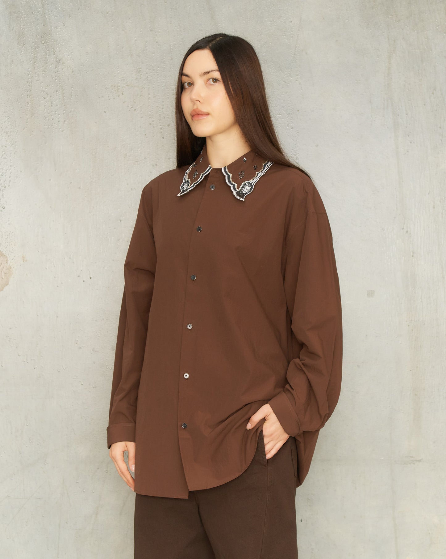 Dark Acajou Embroidered Collar Shirt