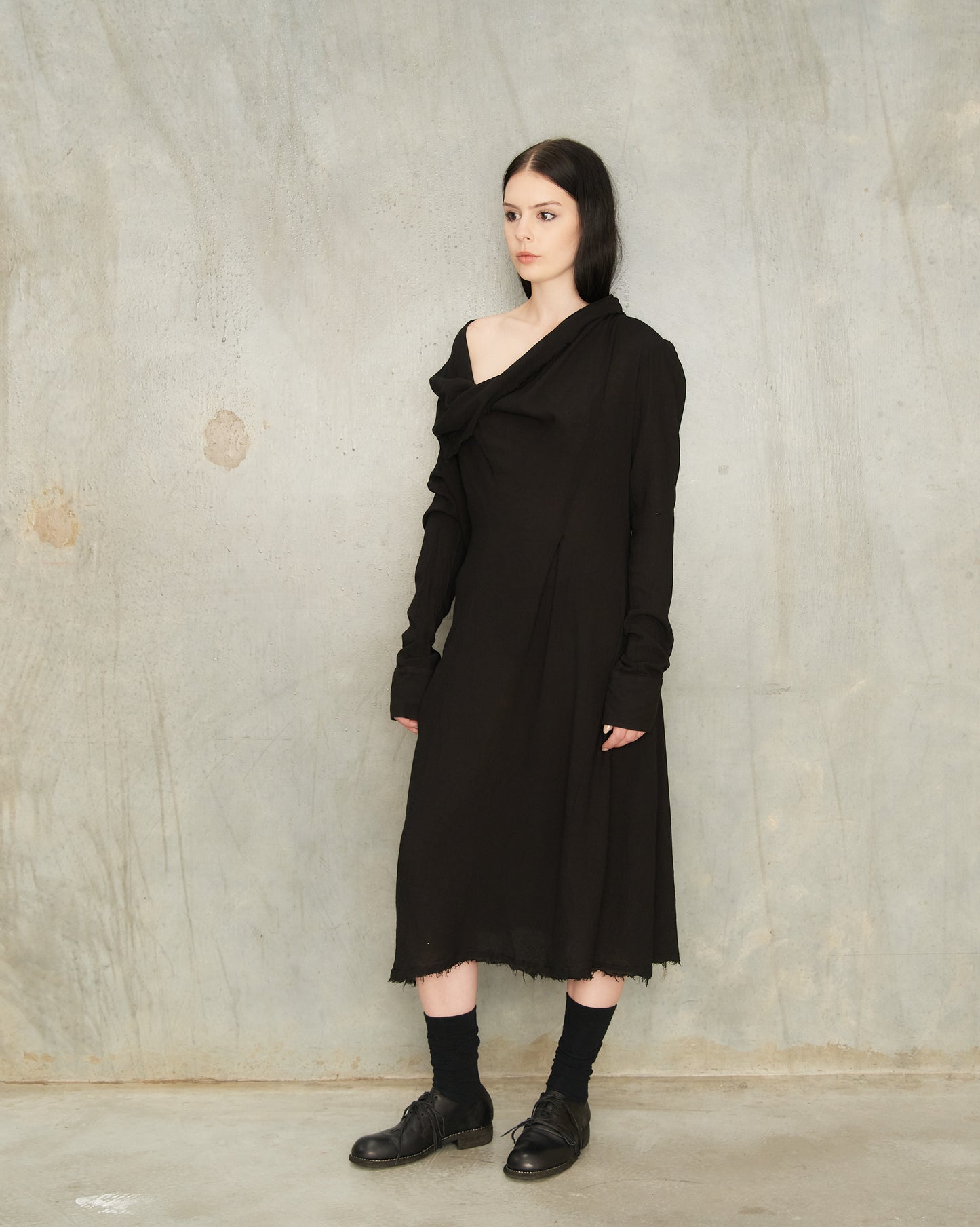 Noir Draped Long Sleeve Dress