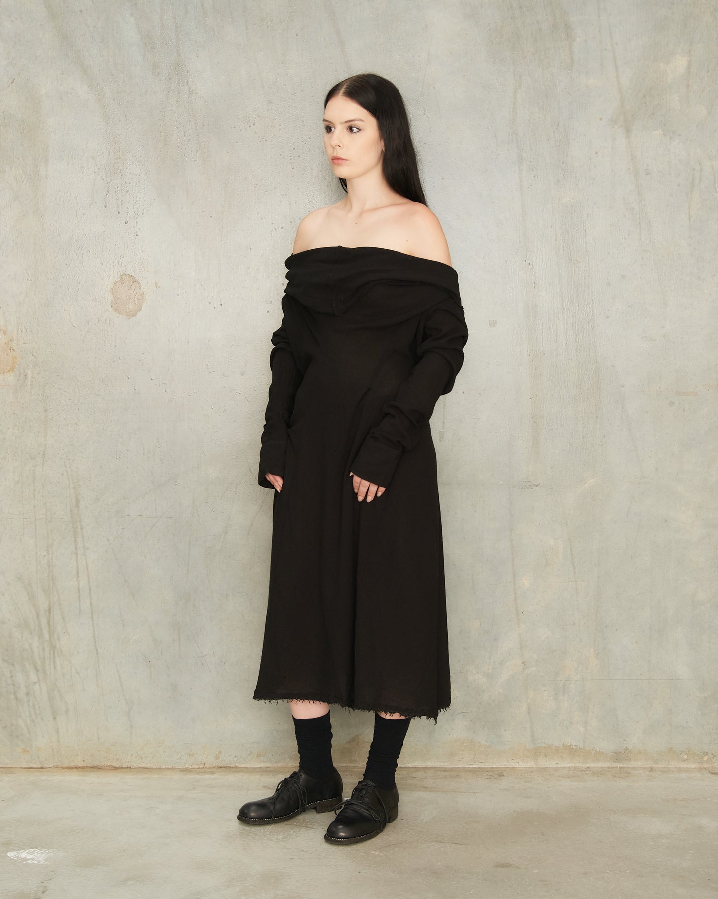 Noir Draped Long Sleeve Dress