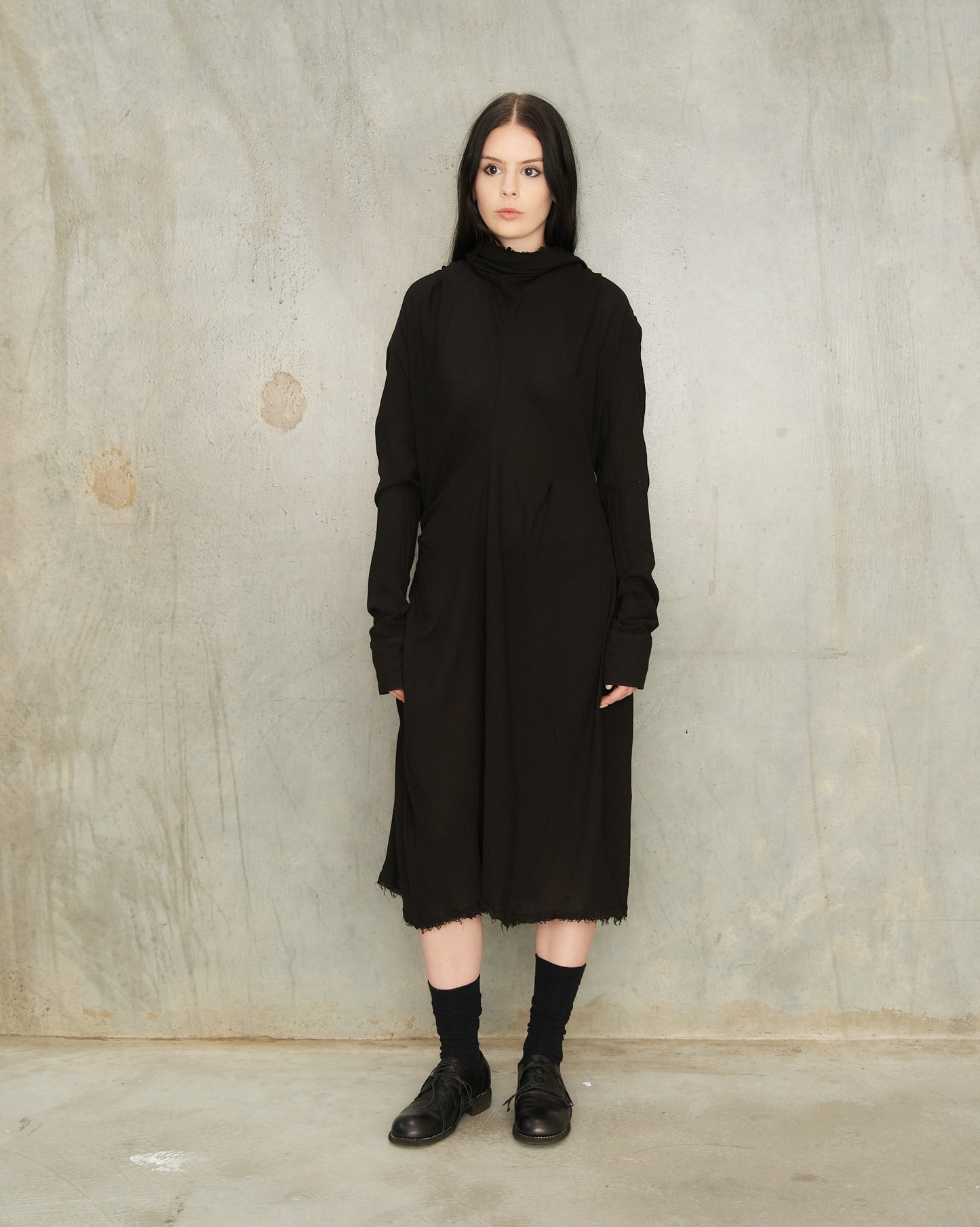 Noir Draped Long Sleeve Dress