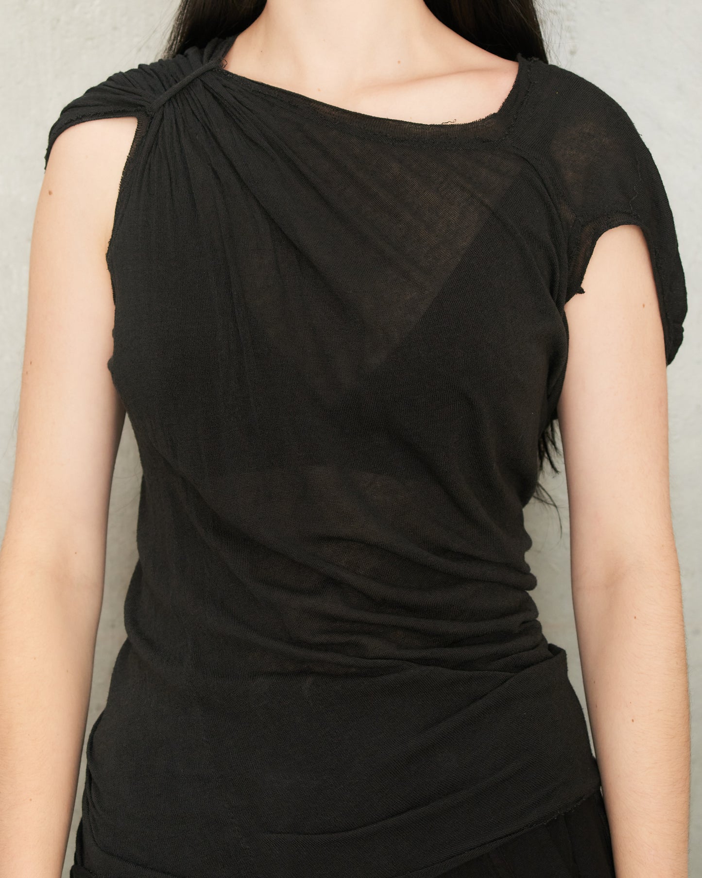 Noir Gathered Sleeve Asymmetrical Top