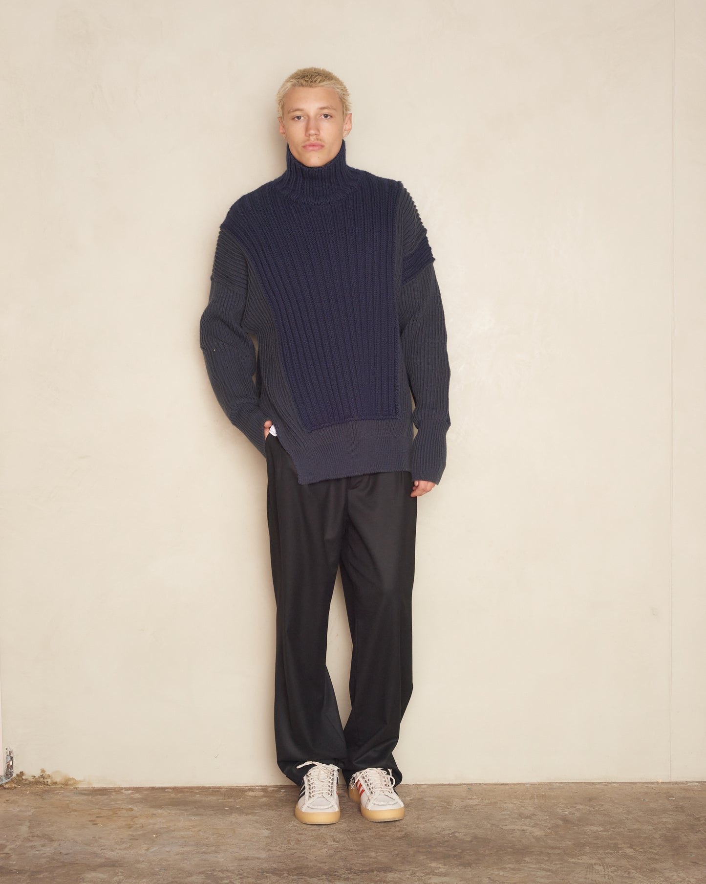 Navy Panelled Rib Sweater