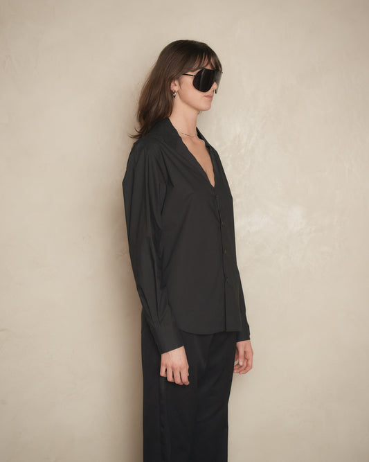 Black Poplin Open Neck Shirt