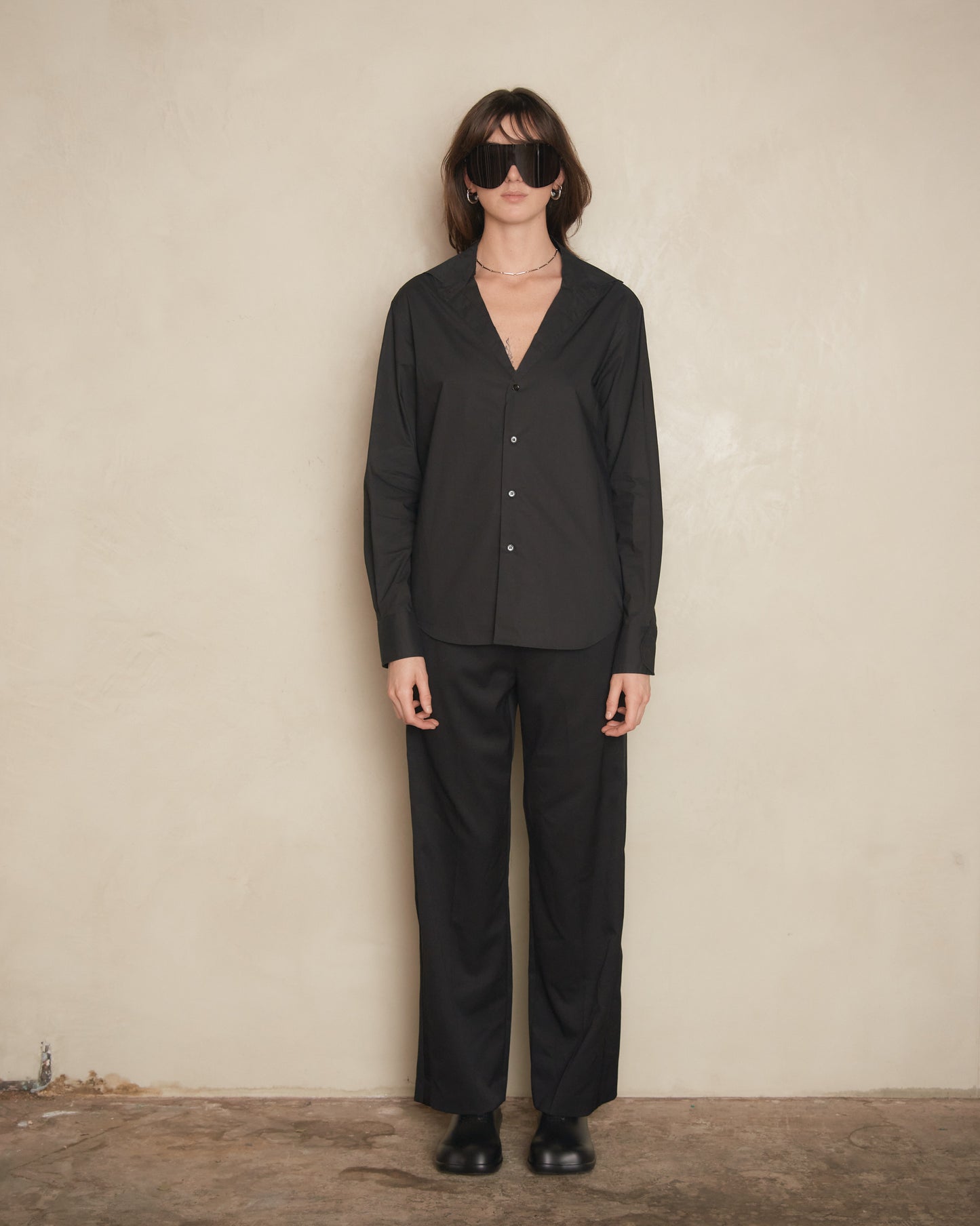 Black Poplin Open Neck Shirt