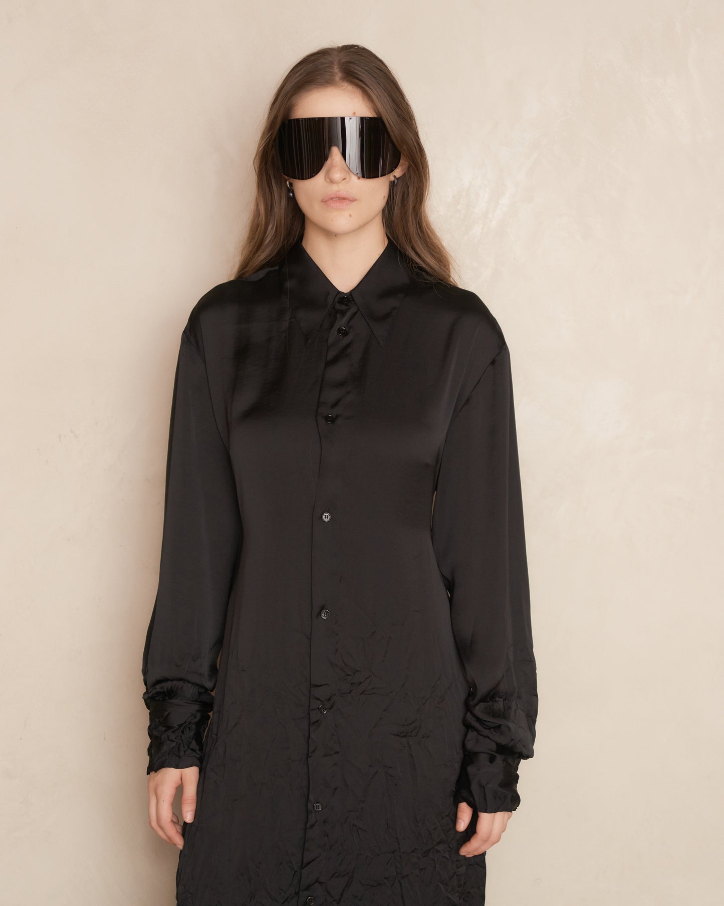 Black Long Sleeve Crinkle Midi Dress