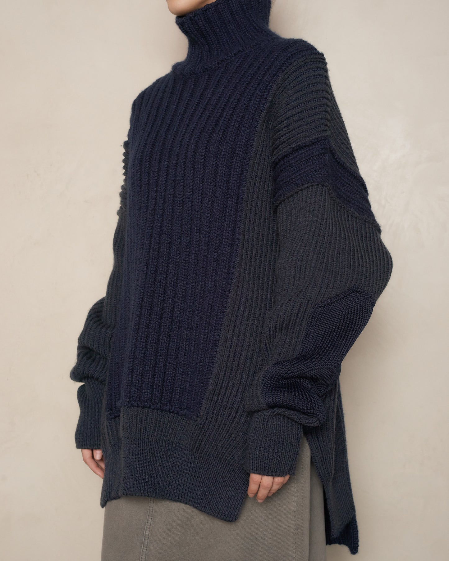 Navy Panelled Rib Sweater