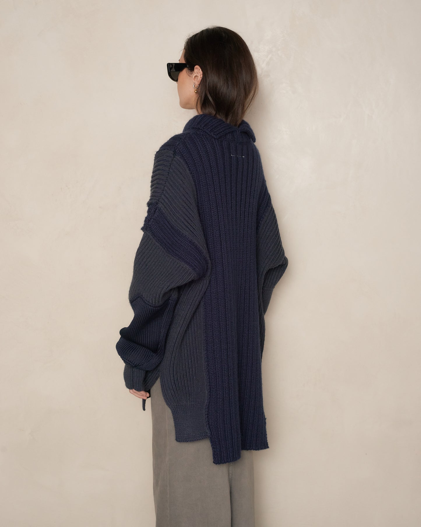 Navy Panelled Rib Sweater