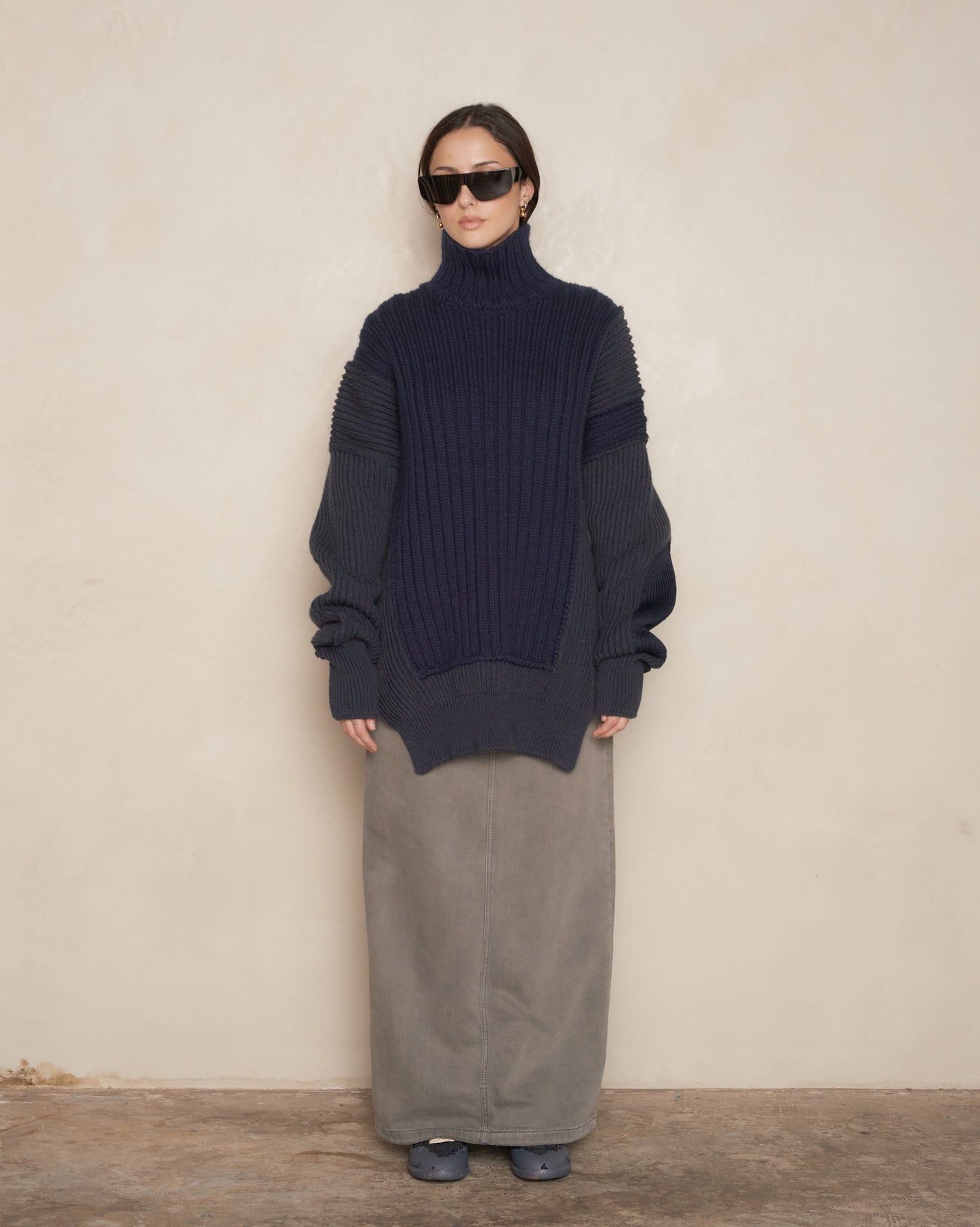 Navy Panelled Rib Sweater