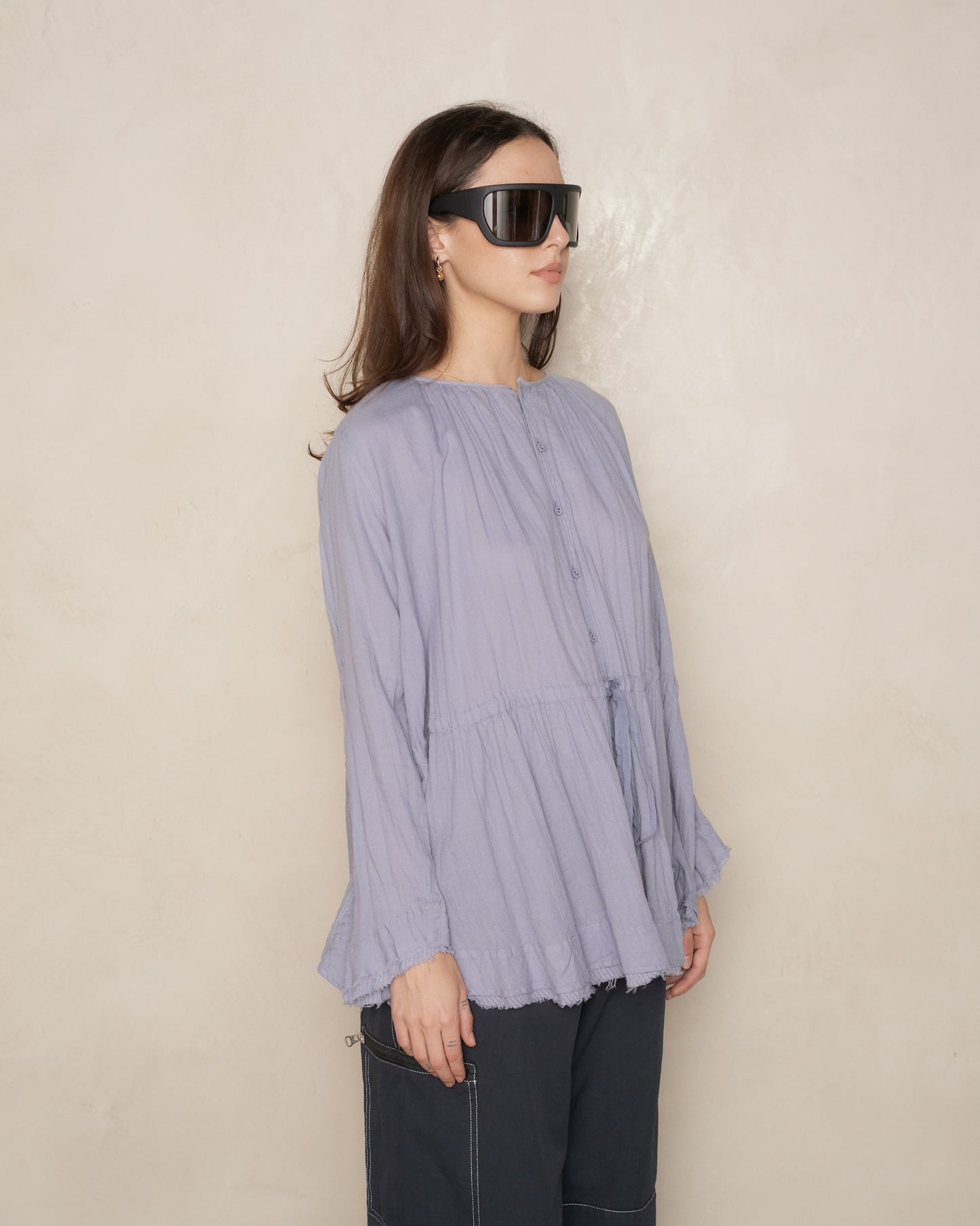 Blue Gathered Waist Blouse