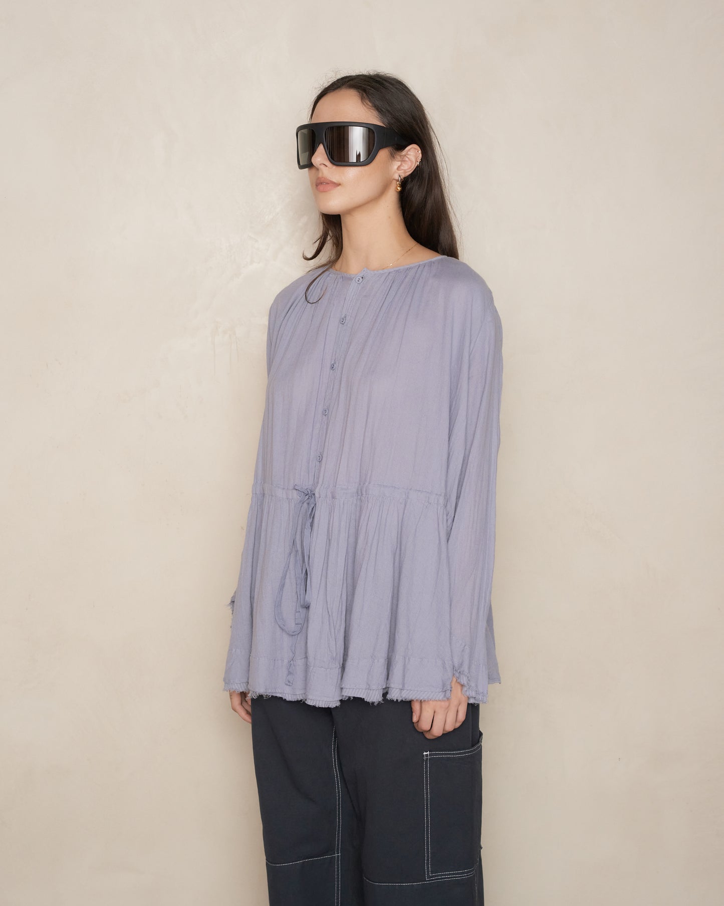 Blue Gathered Waist Blouse