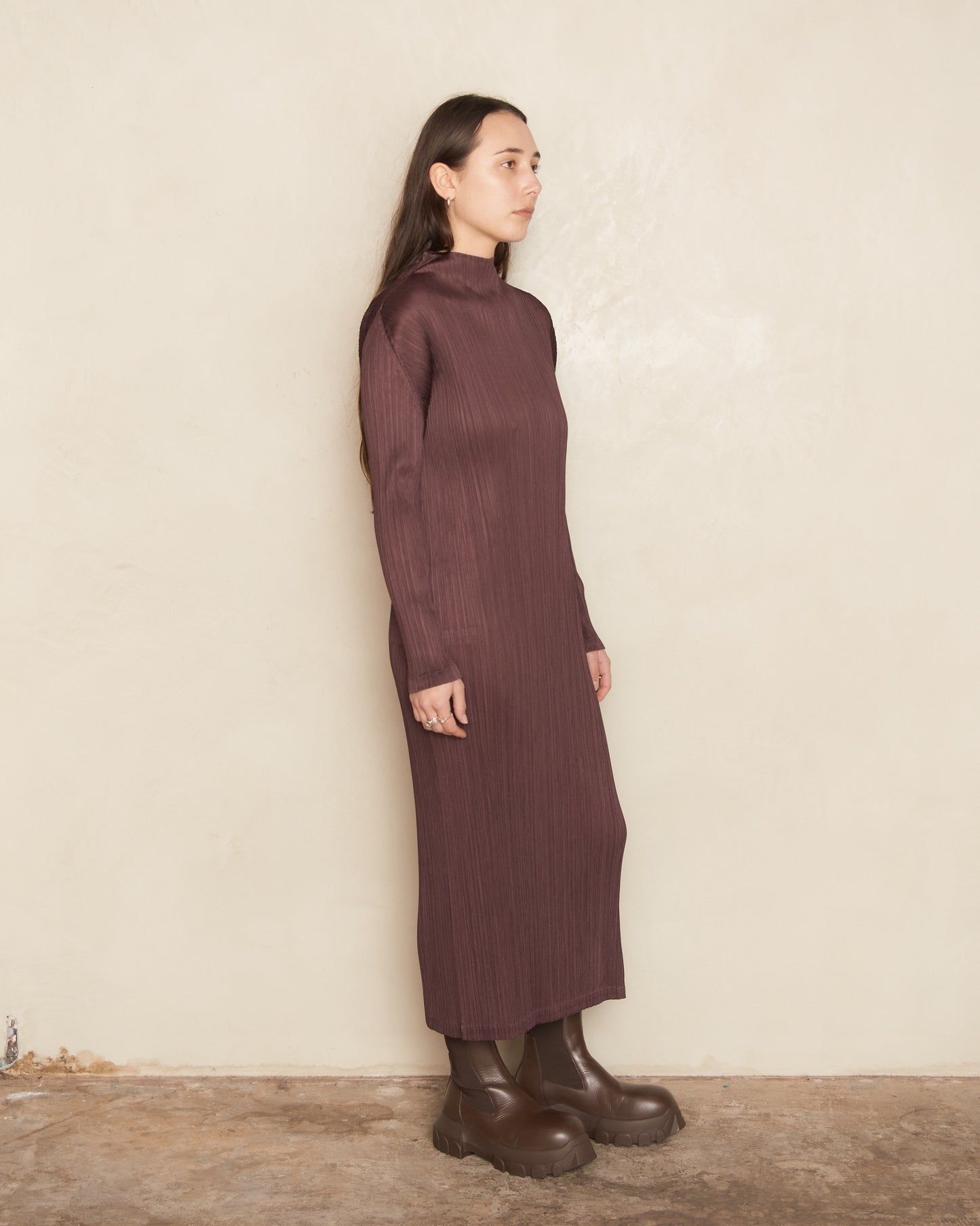 Burgundy Long Sleeve Pleat Dress