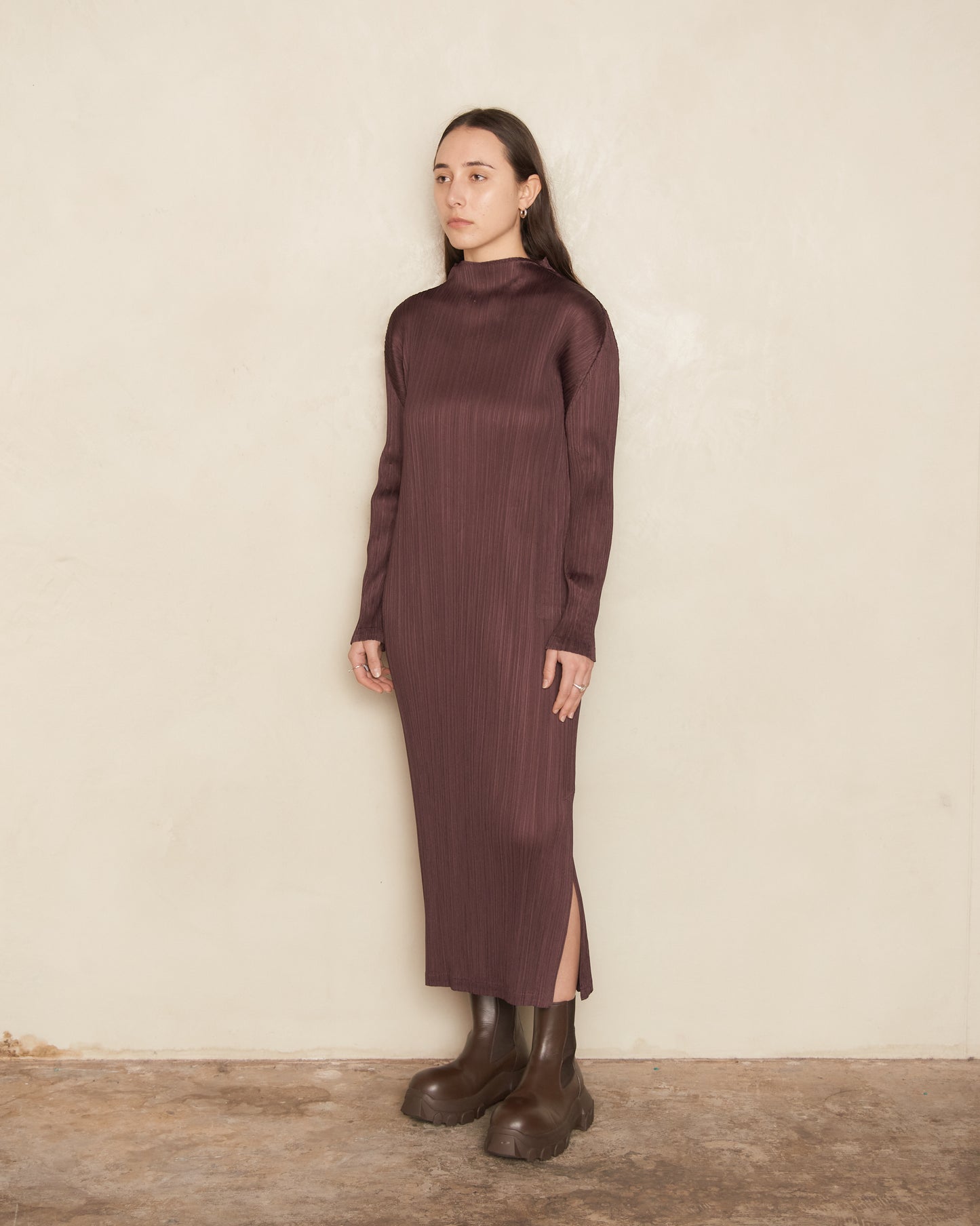 Burgundy Long Sleeve Pleat Dress