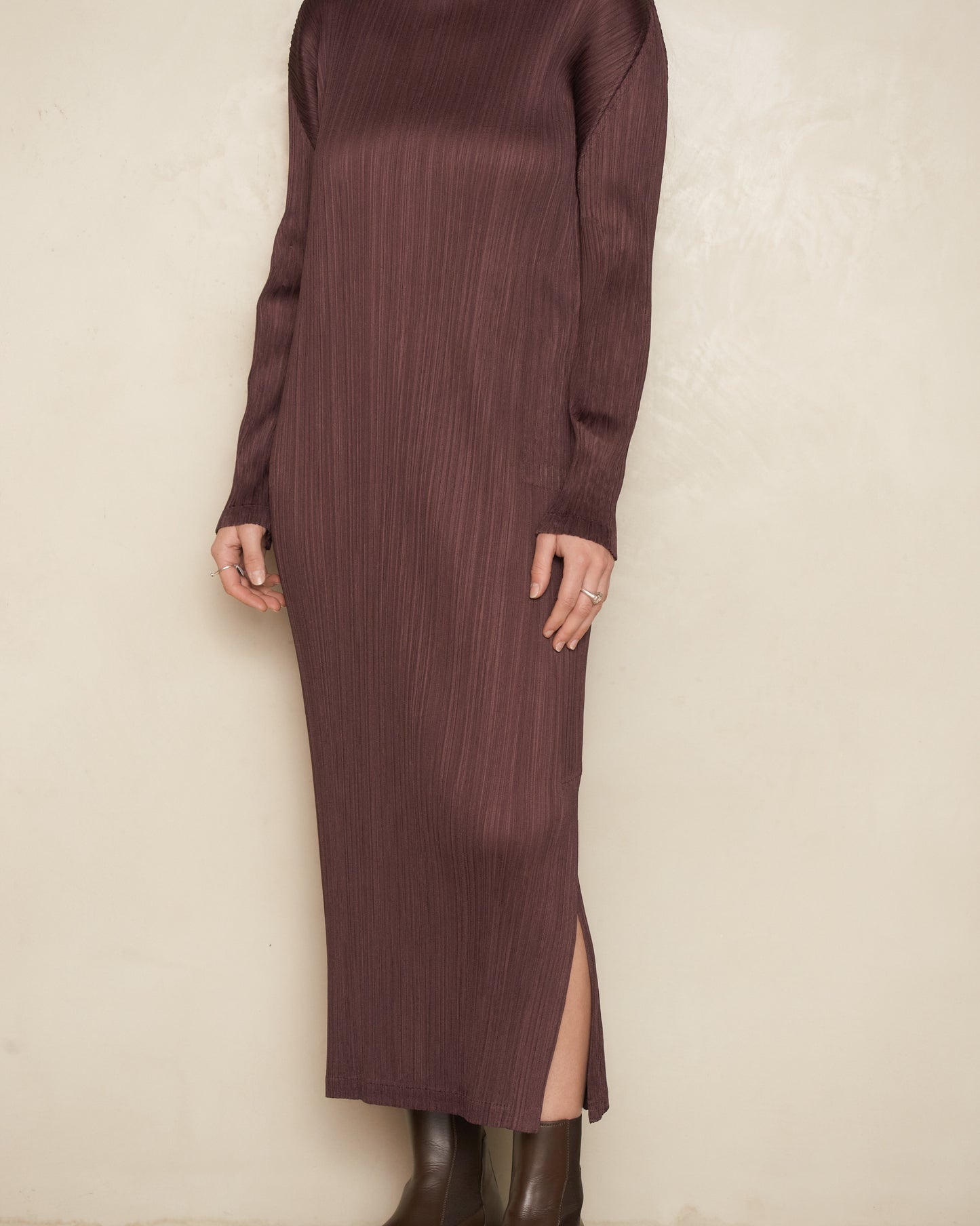 Burgundy Long Sleeve Pleat Dress