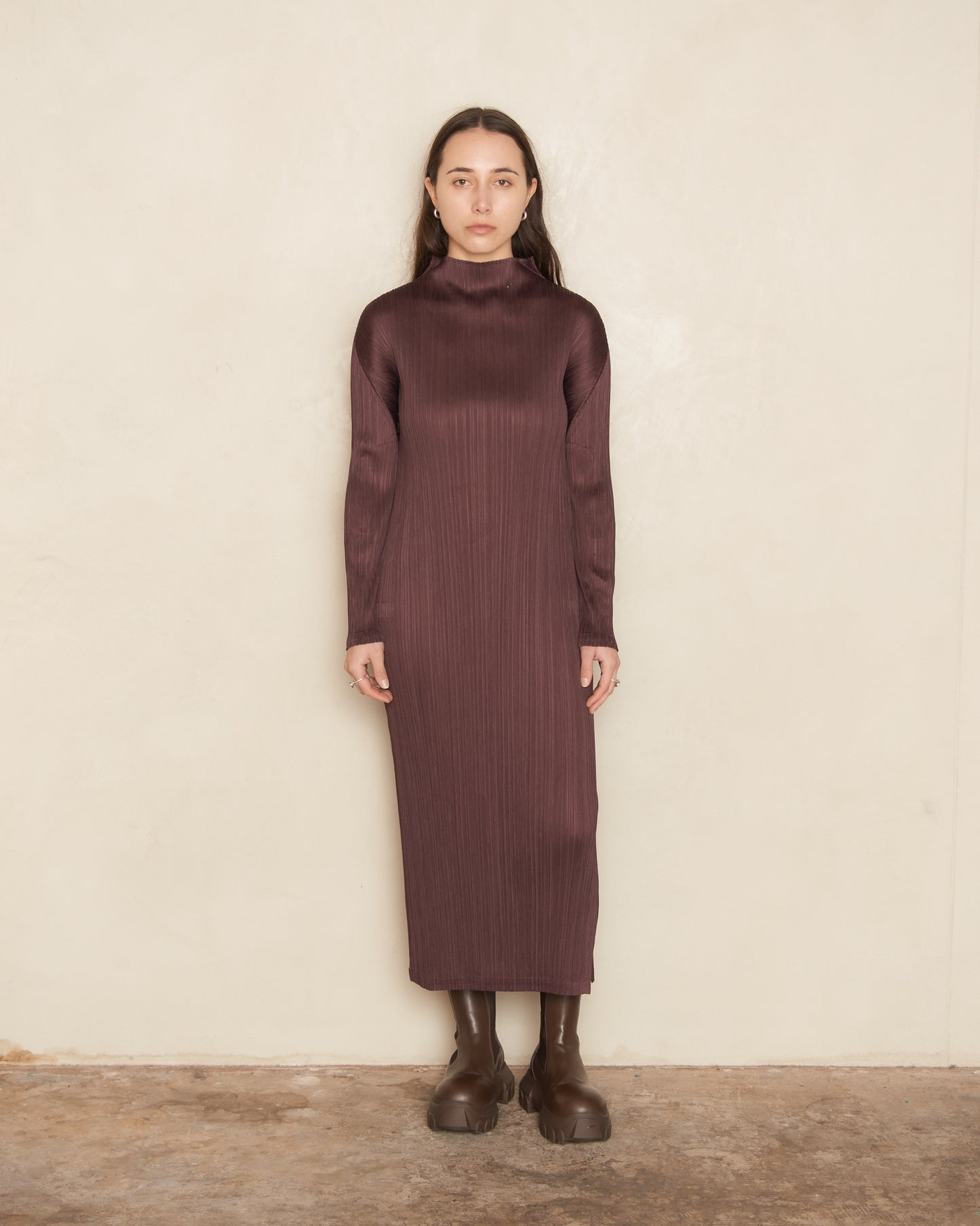 Burgundy Long Sleeve Pleat Dress