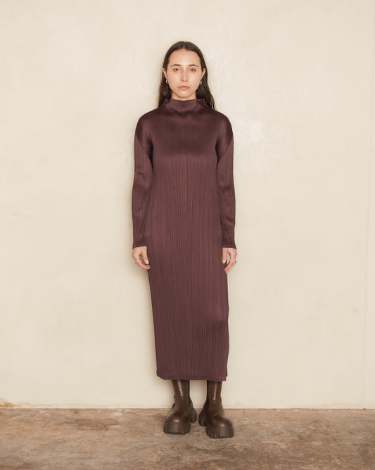 Burgundy Long Sleeve Pleat Dress