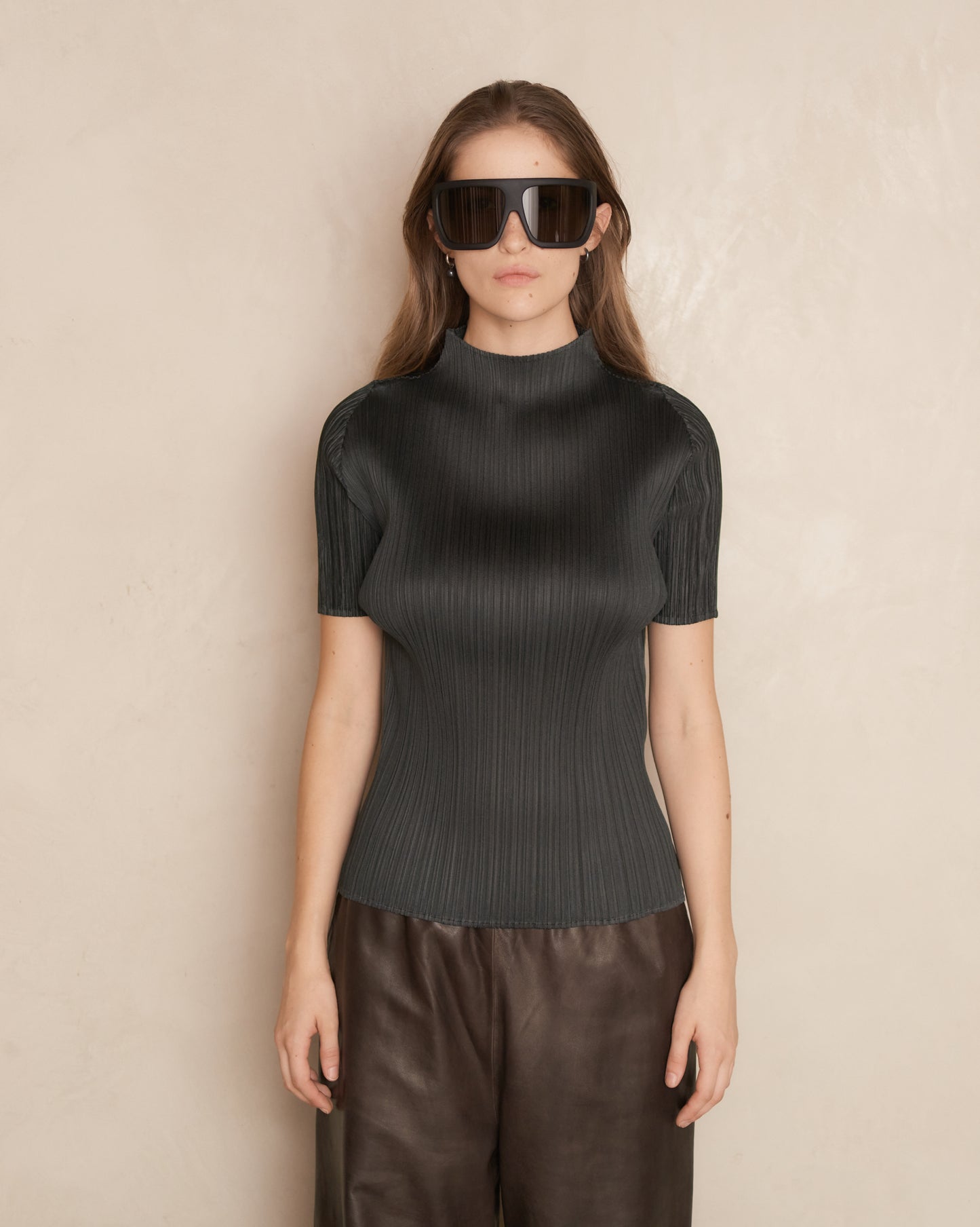 Charcoal High Neck Short Sleeve Top