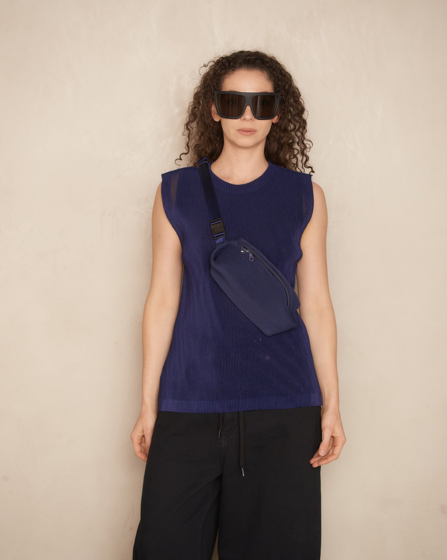 Navy Bias Pleats Waistbag