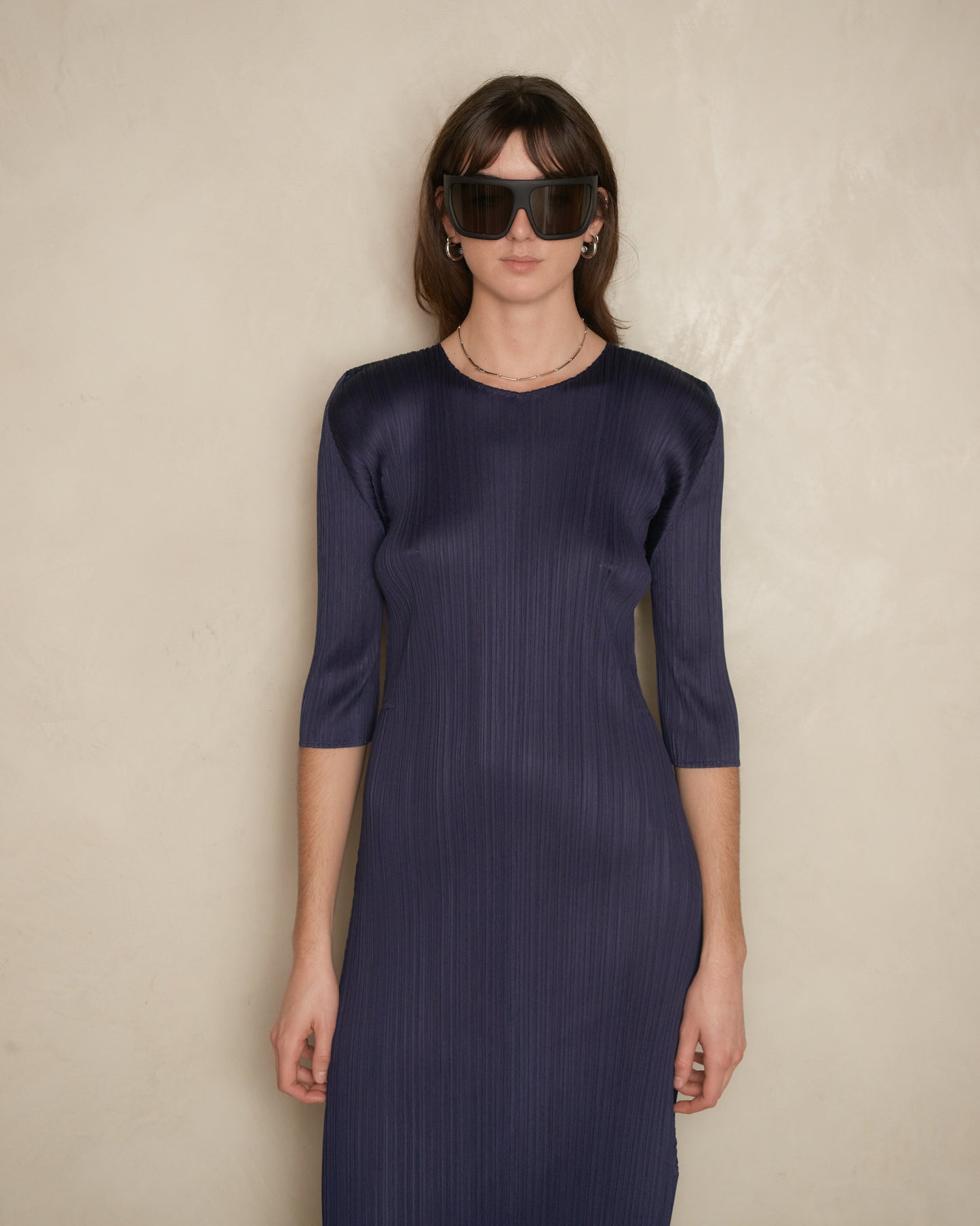 Navy Mid Sleeve Pleat Dress