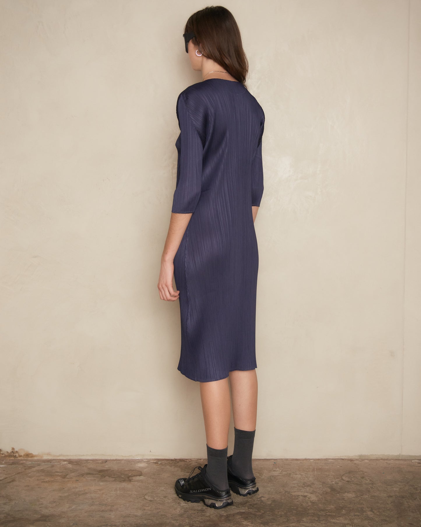 Navy Mid Sleeve Pleat Dress