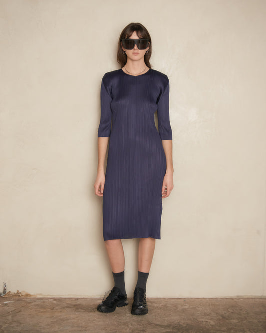 Navy Mid Sleeve Pleat Dress