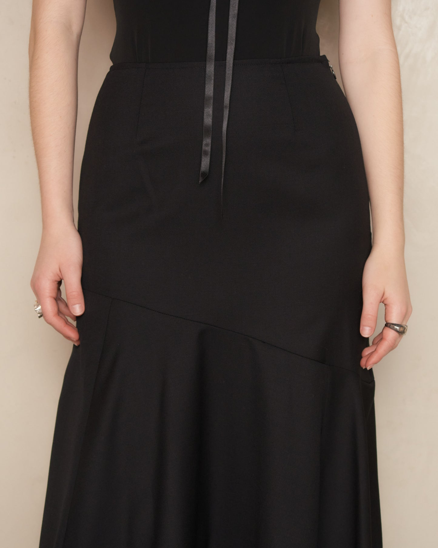 Black Fine Wool Bias Cut Skirt