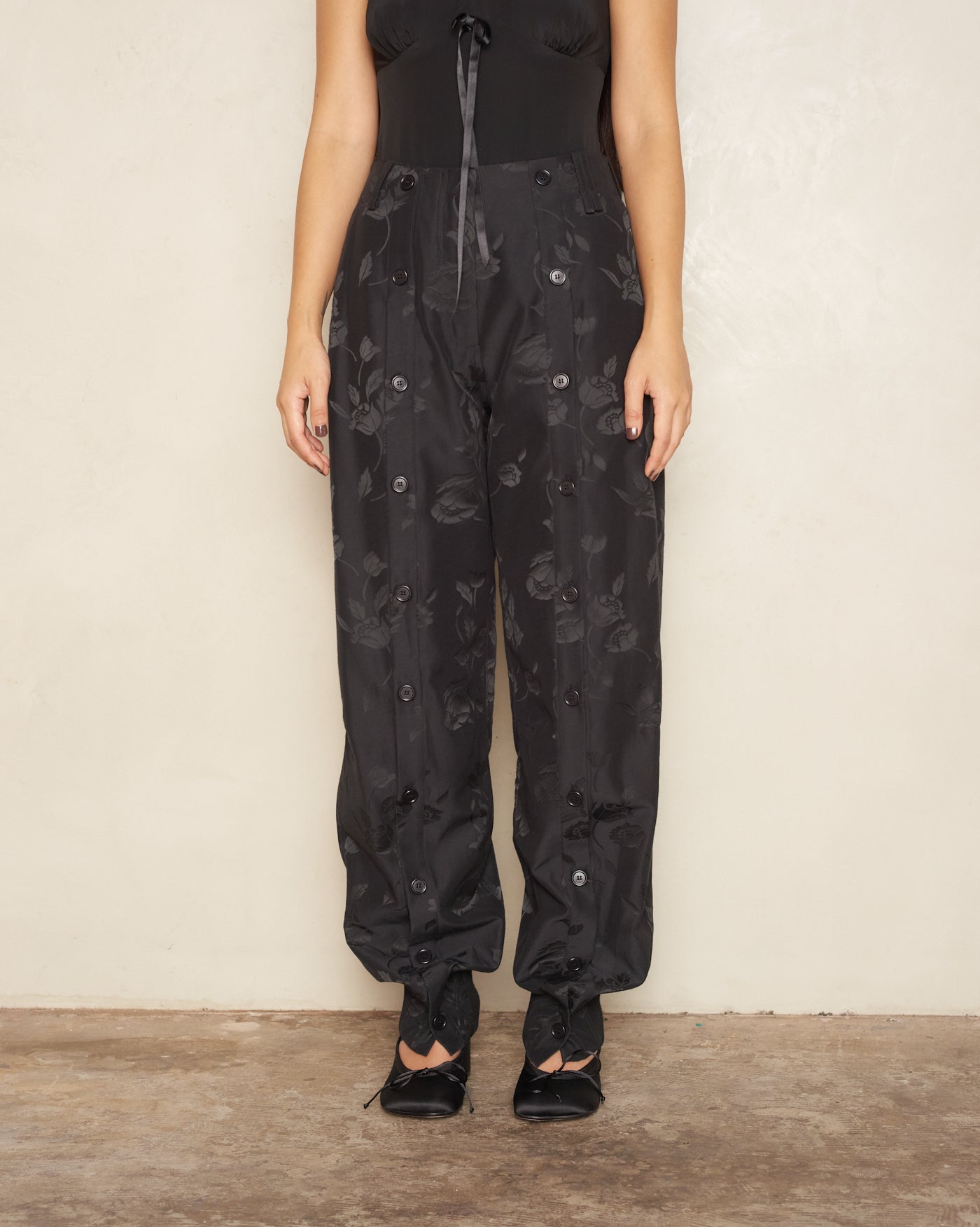 Black Floral Button Leg Trousers